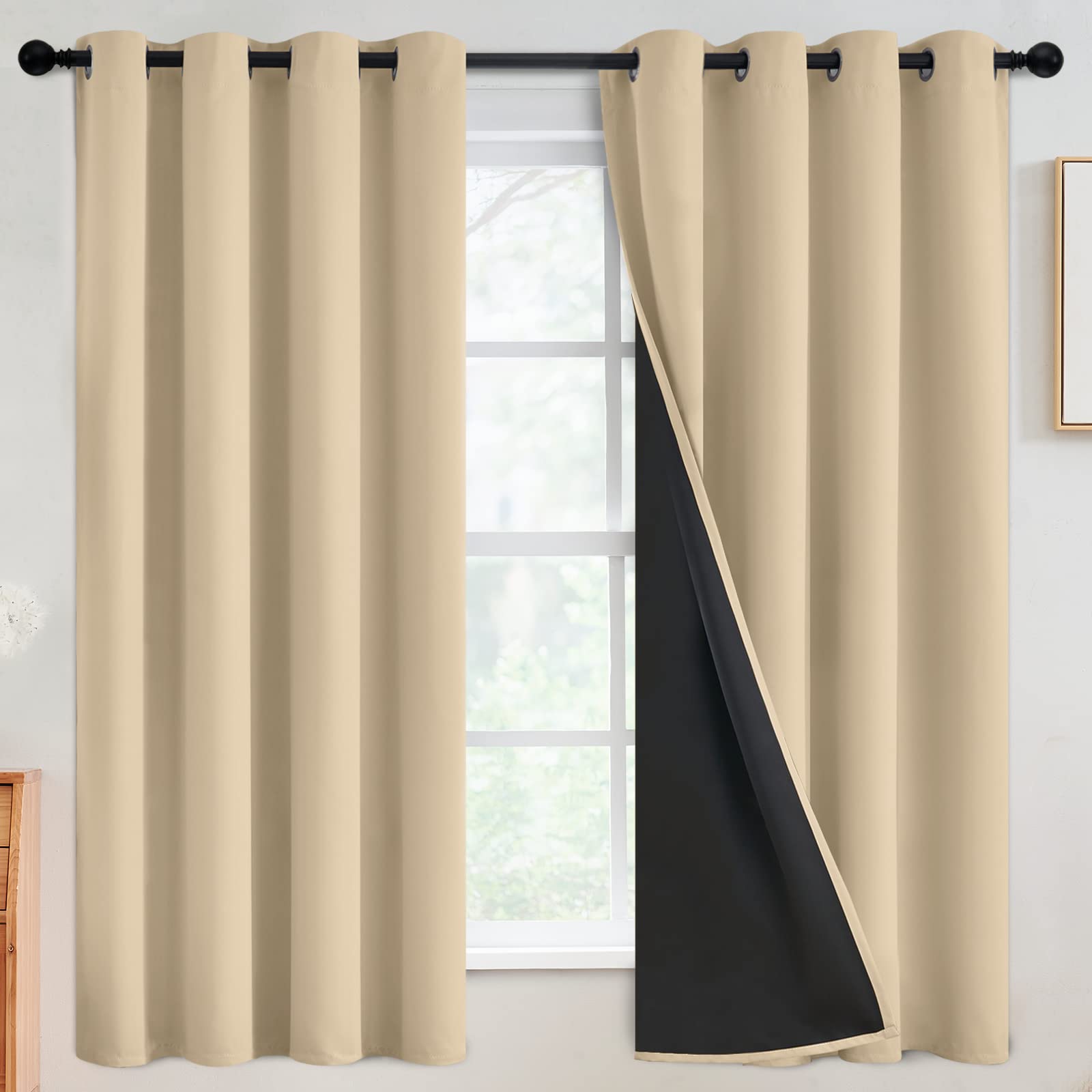SimpleHome 100% Blackout Curtains for Bedroom,Thermal Insulated Grommet Window Drapes Room Darkening Cream Curtains for Living Room with Black Back,52 x 84 Inch,2 Panels