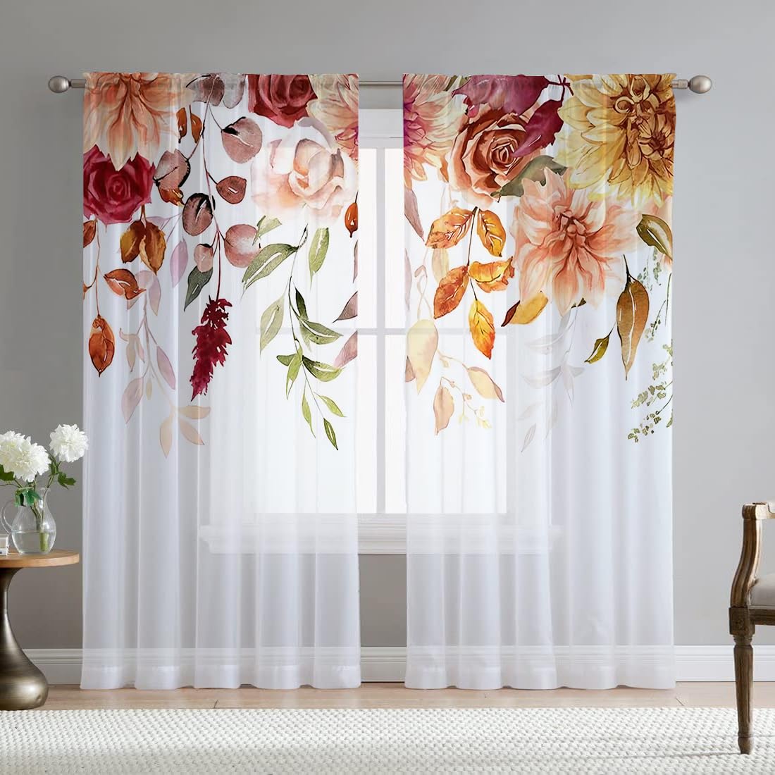 Green Eucalyptus Leaves Sheer Curtains for Living Room 84 inch Length 2 Panels Set Elegant Wild Flower Floral Spring Printed Window Curtain Natural Chiffon Drapes for Bedroom