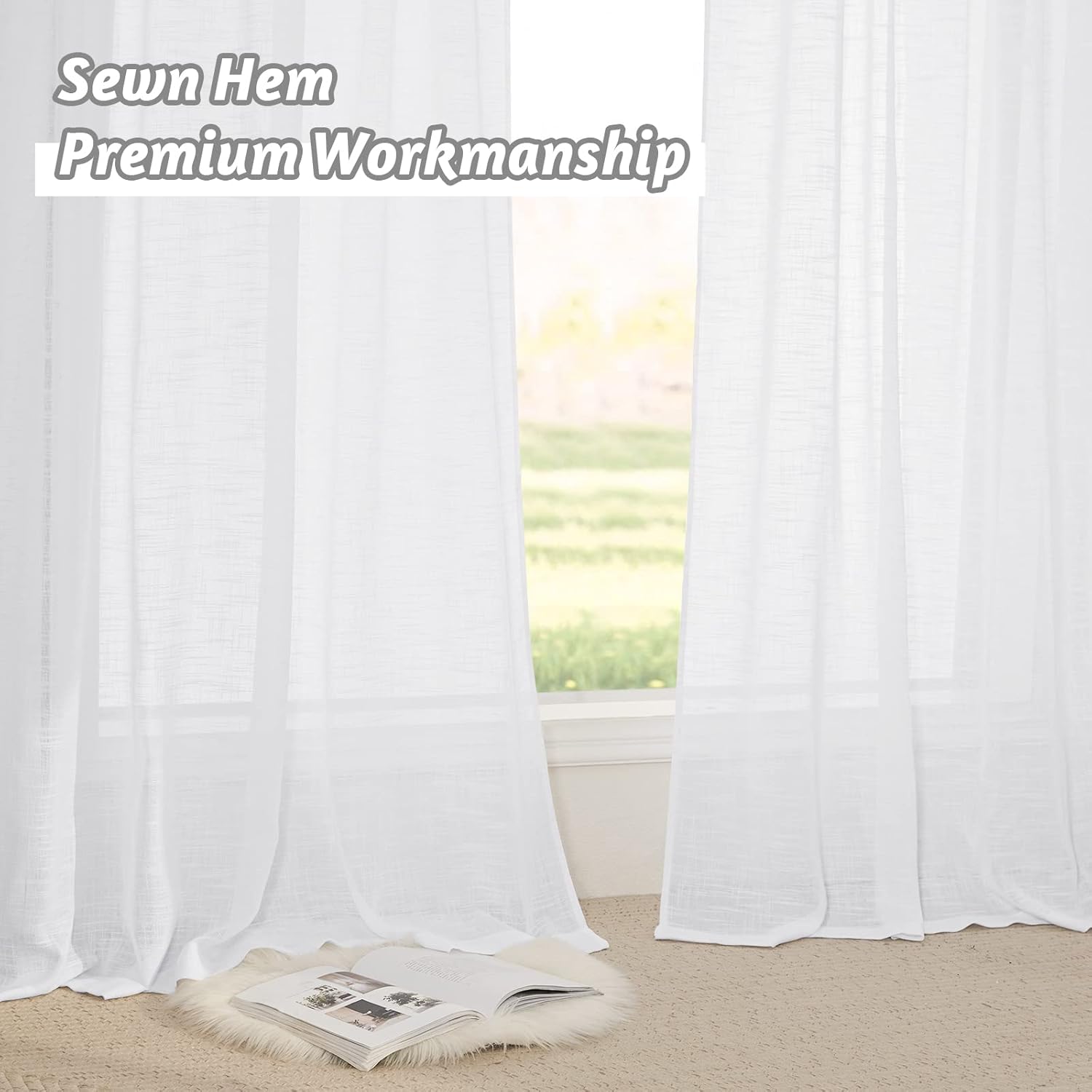 RYB HOME White Sheer Curtains Linen Texture Window Panels, Semi Sheer Light Filetring Rod Pocket & Back Tab Drapes for Bedroom, 52 x 84 inches, Pack of 2
