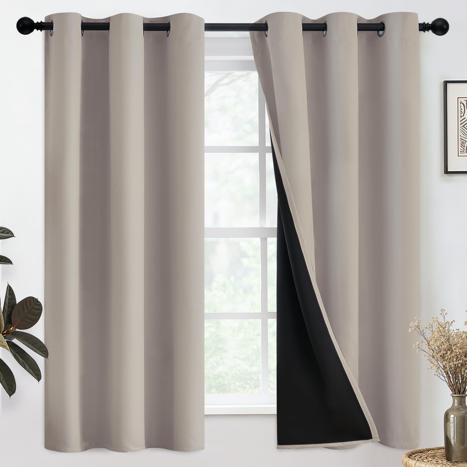 SimpleHome 100% Blackout Curtains for Bedroom,Thermal Insulated Grommet Window Drapes Room Darkening Cream Curtains for Living Room with Black Back,52 x 84 Inch,2 Panels