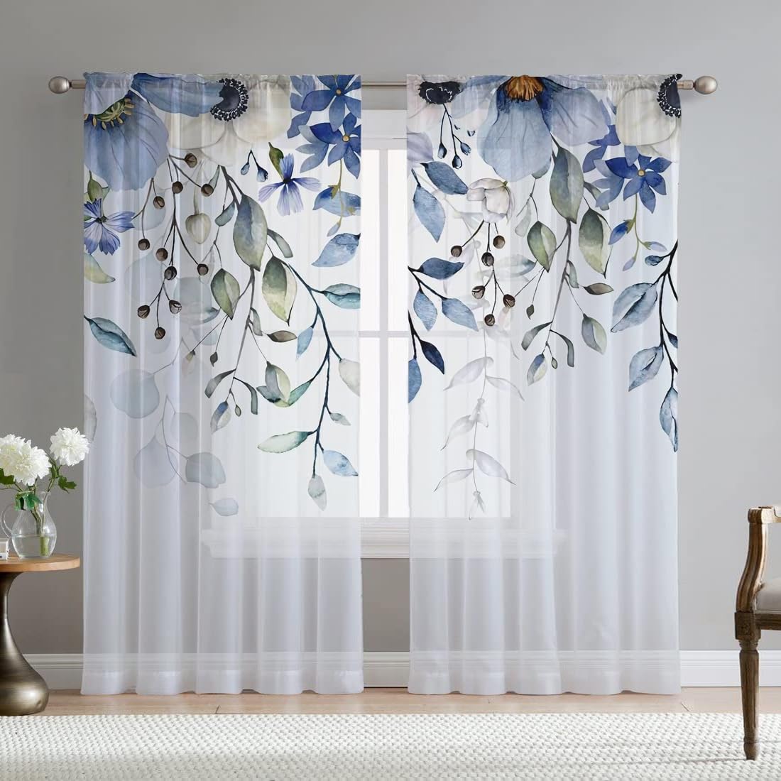 Green Eucalyptus Leaves Sheer Curtains for Living Room 84 inch Length 2 Panels Set Elegant Wild Flower Floral Spring Printed Window Curtain Natural Chiffon Drapes for Bedroom