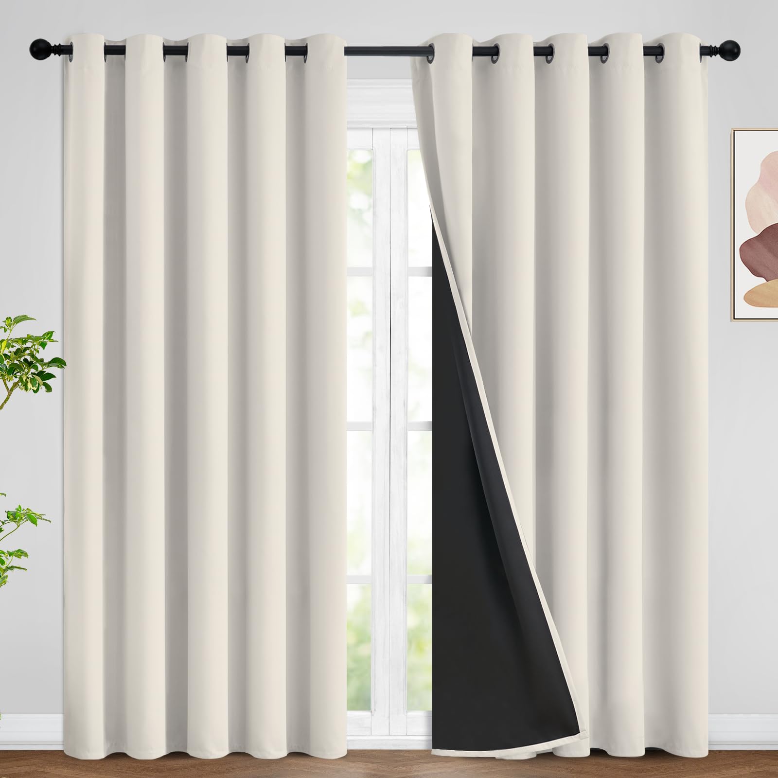 SimpleHome 100% Blackout Curtains for Bedroom,Thermal Insulated Grommet Window Drapes Room Darkening Cream Curtains for Living Room with Black Back,52 x 84 Inch,2 Panels