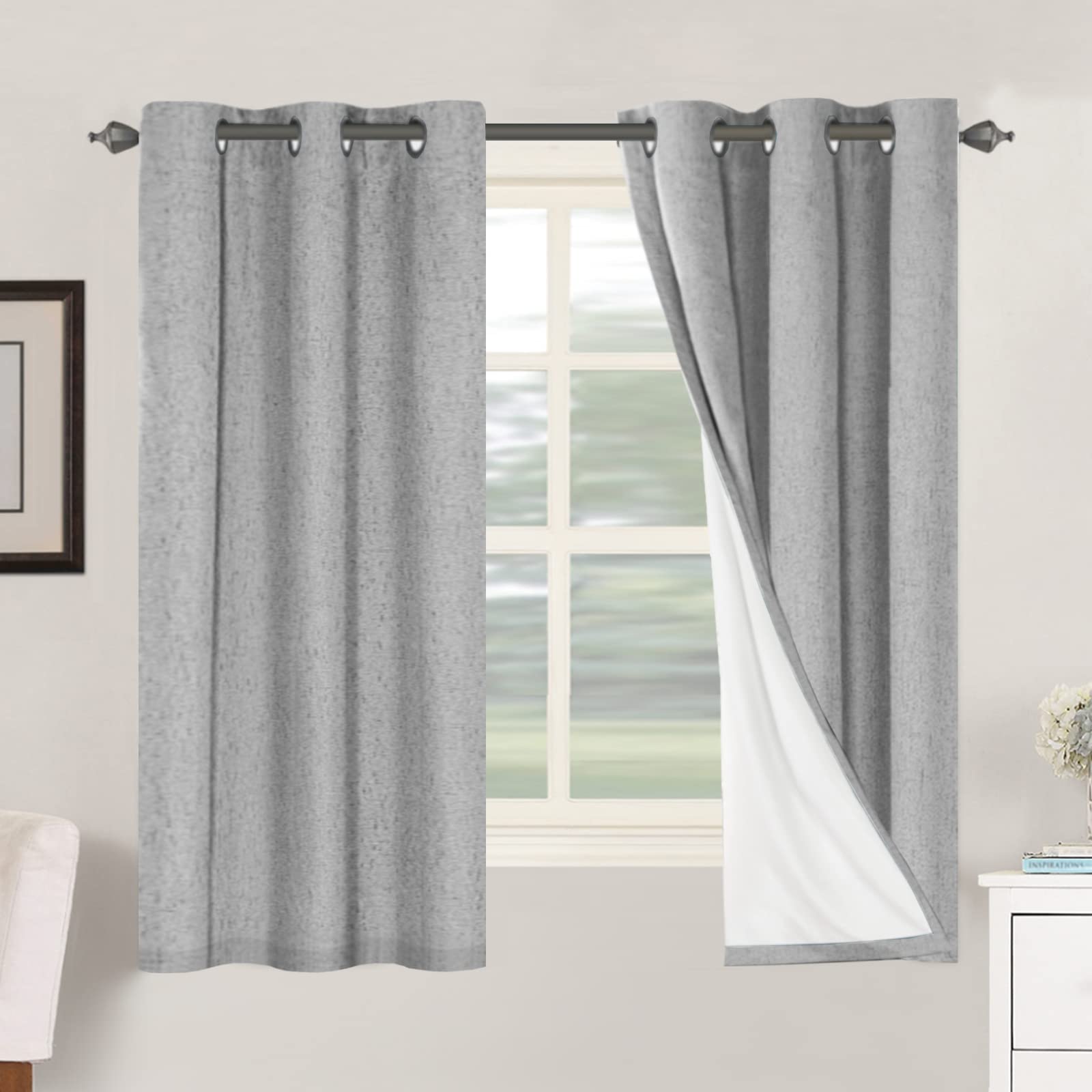 H.VERSAILTEX Linen 100% Blackout Curtains for Bedroom Full Light Blocking Curtains, Textured Window Curtain for Living Room 84 inch Grommet, Energy Efficient Curtains White Liner(2 Panels, Natural)