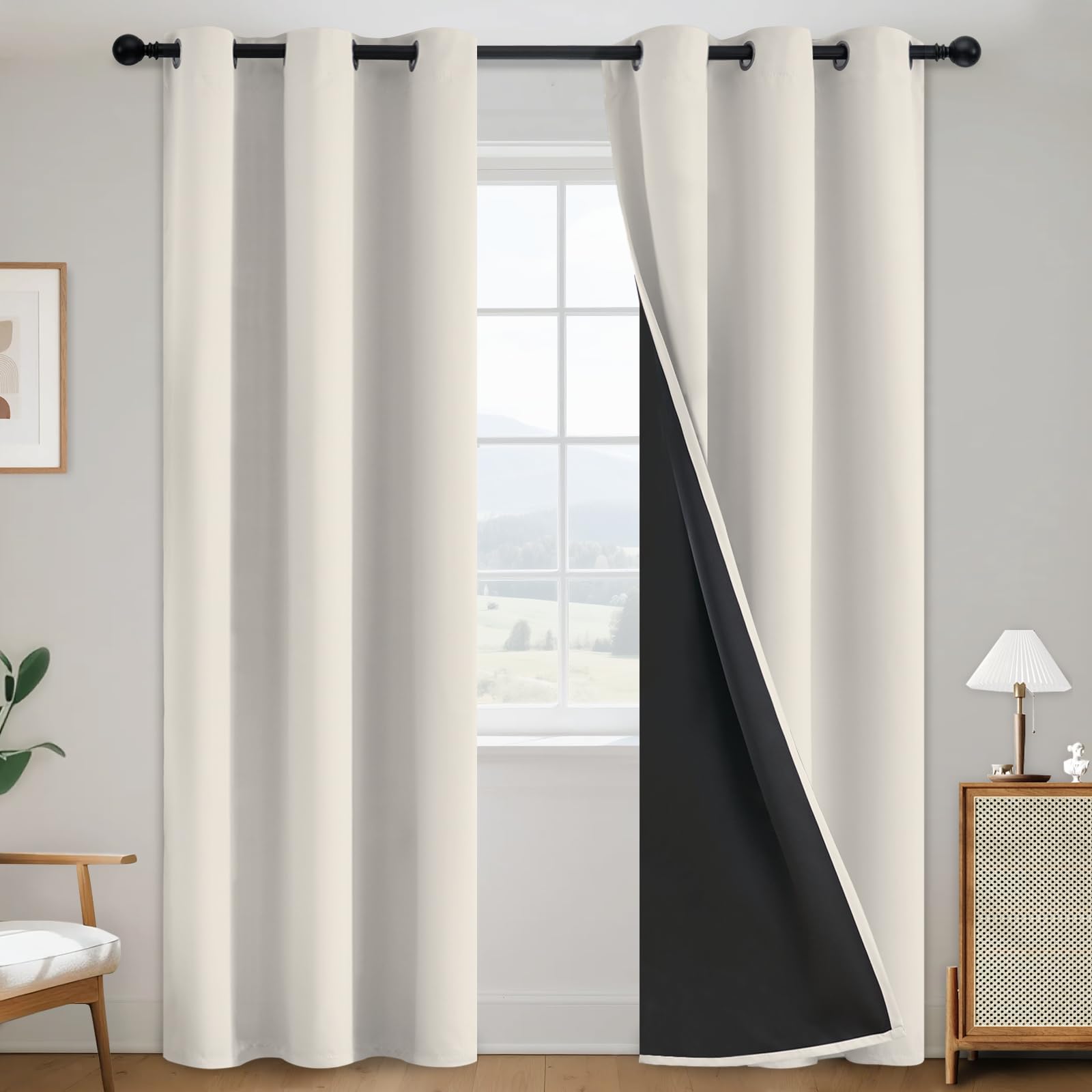 SimpleHome 100% Blackout Curtains for Bedroom,Thermal Insulated Grommet Window Drapes Room Darkening Cream Curtains for Living Room with Black Back,52 x 84 Inch,2 Panels