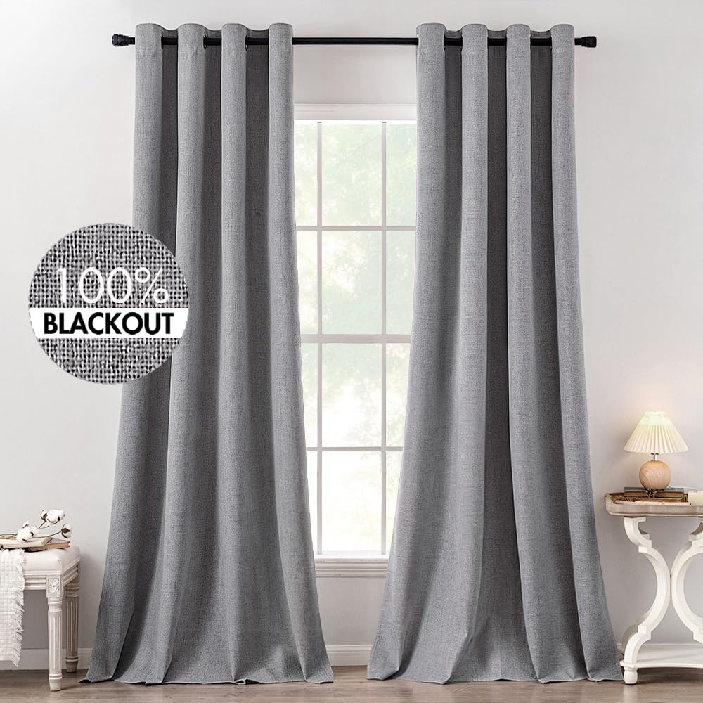 MIULEE 90 Inches Linen Textured Curtains for Bedroom 100% Blackout Thermal Insulated Natural Beige Grommet Room Darkening Curtains & Drapes Luxury Decor for Living Room Nursery 52 x 90 Inch (2 Panels)