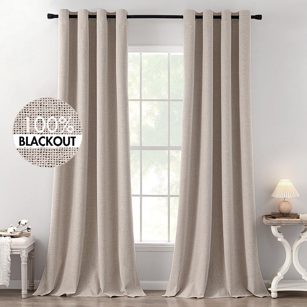 MIULEE 90 Inches Linen Textured Curtains for Bedroom 100% Blackout Thermal Insulated Natural Beige Grommet Room Darkening Curtains & Drapes Luxury Decor for Living Room Nursery 52 x 90 Inch (2 Panels)