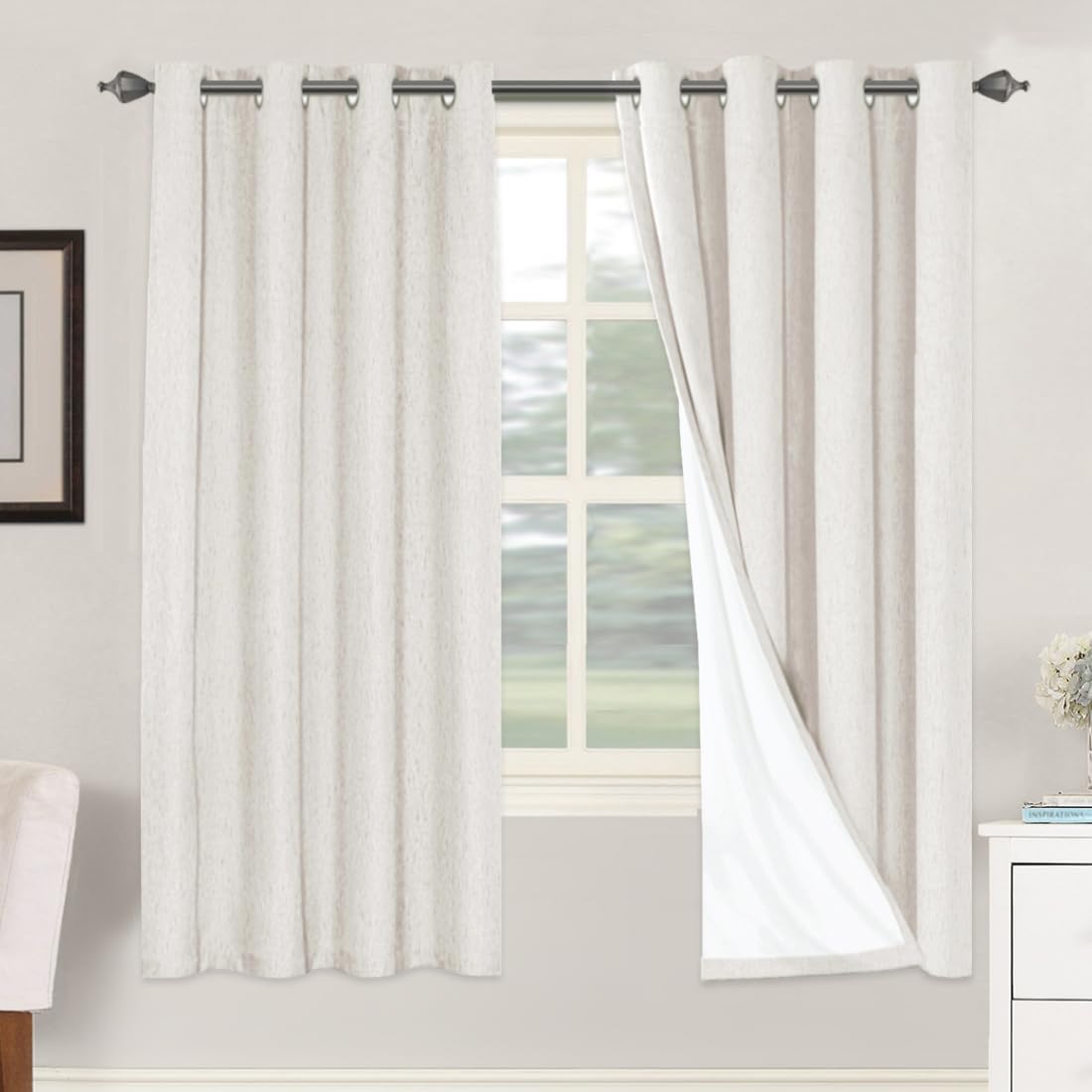 H.VERSAILTEX Linen 100% Blackout Curtains for Bedroom Full Light Blocking Curtains, Textured Window Curtain for Living Room 84 inch Grommet, Energy Efficient Curtains White Liner(2 Panels, Natural)
