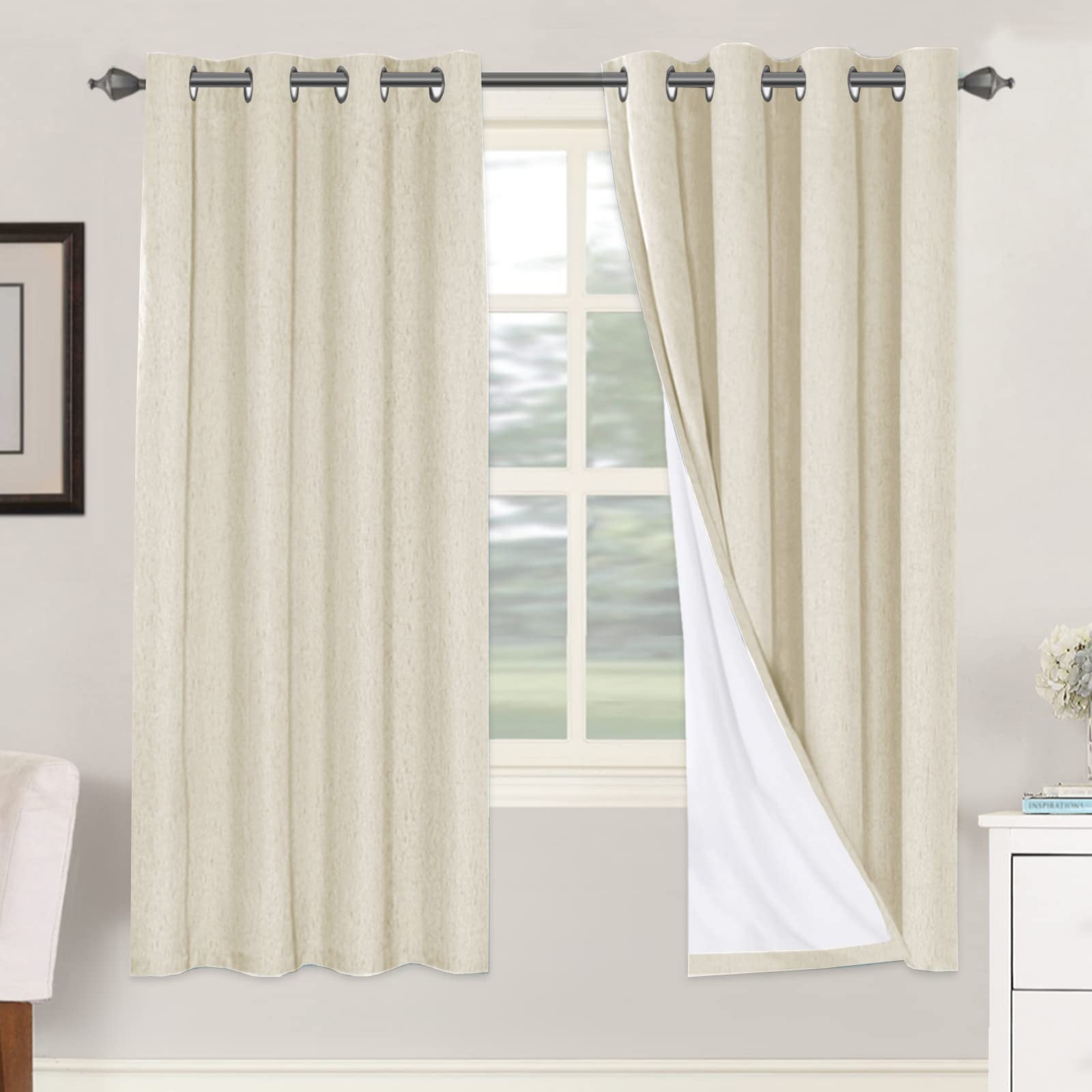 H.VERSAILTEX Linen 100% Blackout Curtains for Bedroom Full Light Blocking Curtains, Textured Window Curtain for Living Room 84 inch Grommet, Energy Efficient Curtains White Liner(2 Panels, Natural)