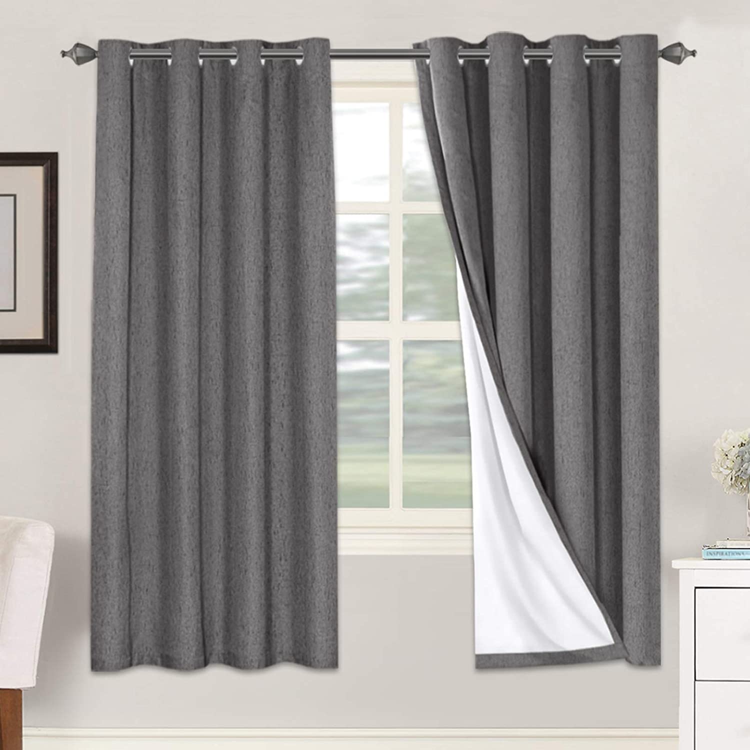 H.VERSAILTEX Linen 100% Blackout Curtains for Bedroom Full Light Blocking Curtains, Textured Window Curtain for Living Room 84 inch Grommet, Energy Efficient Curtains White Liner(2 Panels, Natural)