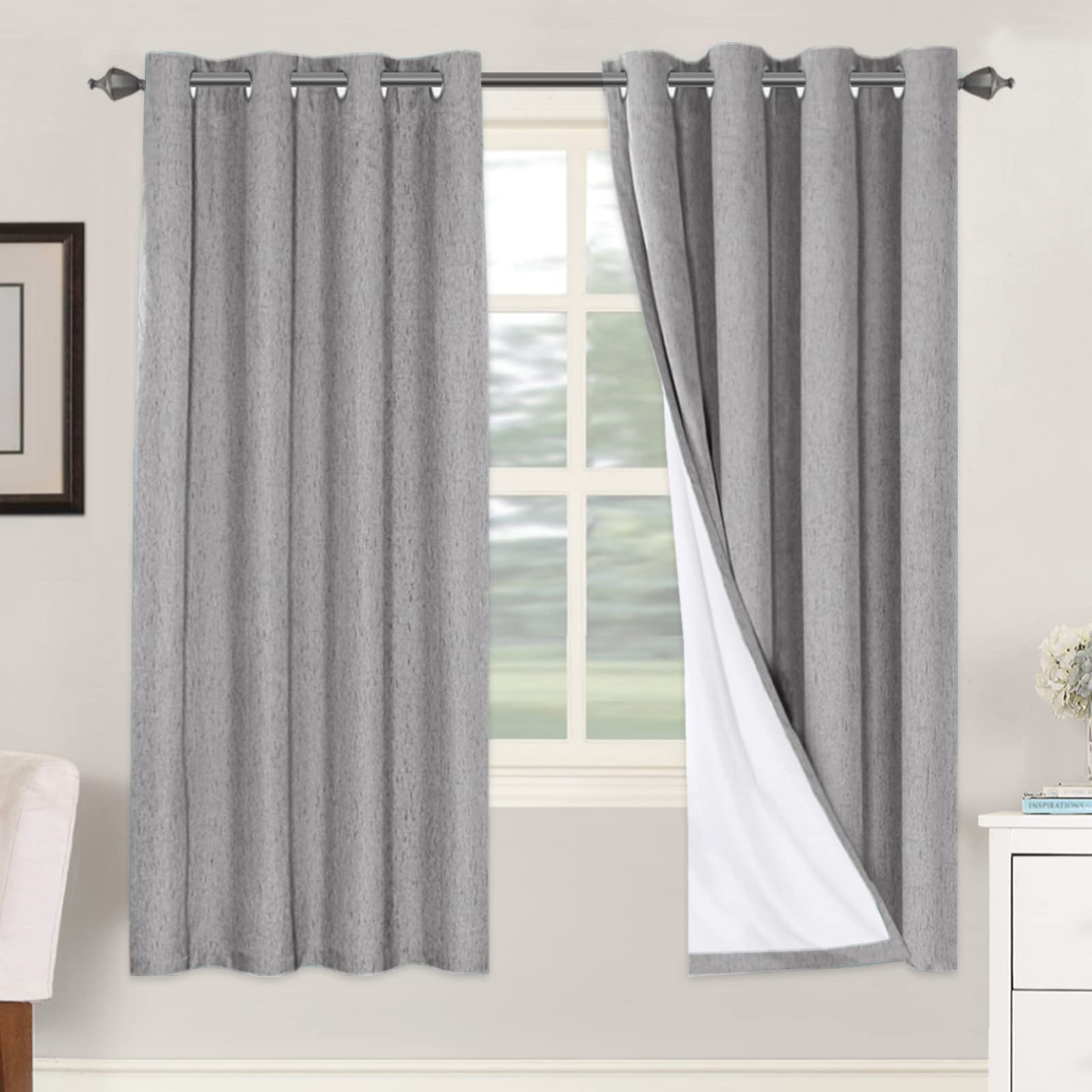 H.VERSAILTEX Linen 100% Blackout Curtains for Bedroom Full Light Blocking Curtains, Textured Window Curtain for Living Room 84 inch Grommet, Energy Efficient Curtains White Liner(2 Panels, Natural)