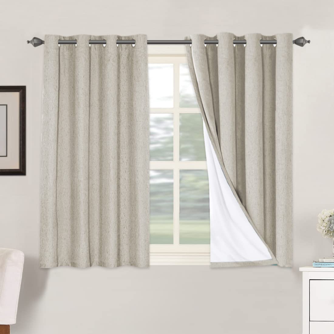 H.VERSAILTEX Linen 100% Blackout Curtains for Bedroom Full Light Blocking Curtains, Textured Window Curtain for Living Room 84 inch Grommet, Energy Efficient Curtains White Liner(2 Panels, Natural)
