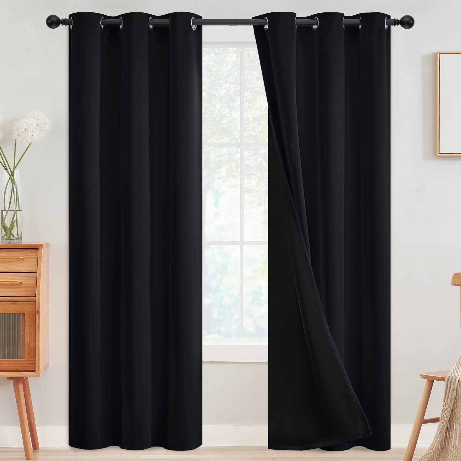 SimpleHome 100% Blackout Curtains for Bedroom,Thermal Insulated Grommet Window Drapes Room Darkening Cream Curtains for Living Room with Black Back,52 x 84 Inch,2 Panels