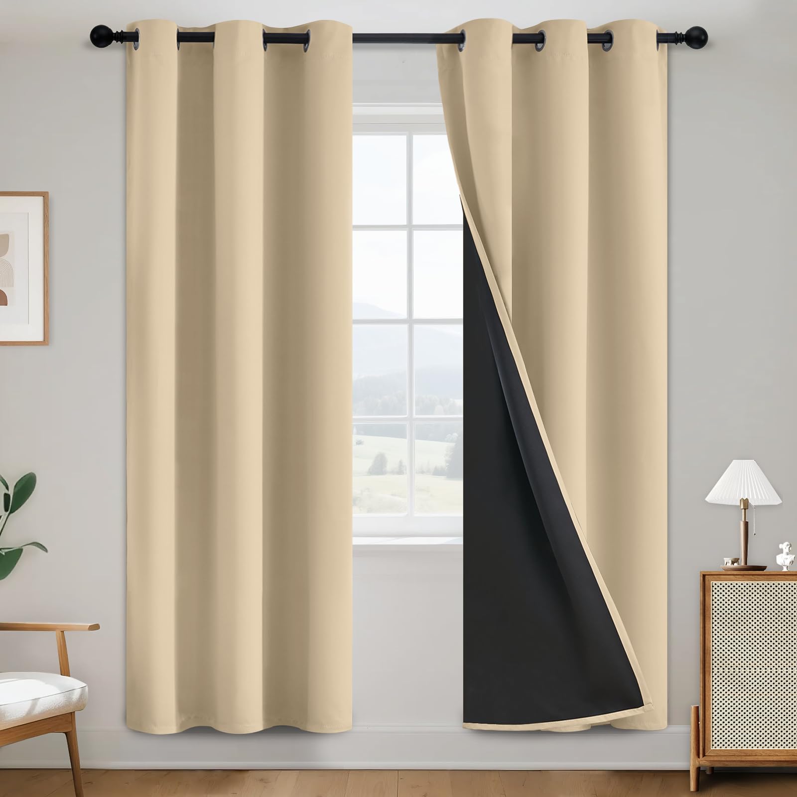 SimpleHome 100% Blackout Curtains for Bedroom,Thermal Insulated Grommet Window Drapes Room Darkening Cream Curtains for Living Room with Black Back,52 x 84 Inch,2 Panels