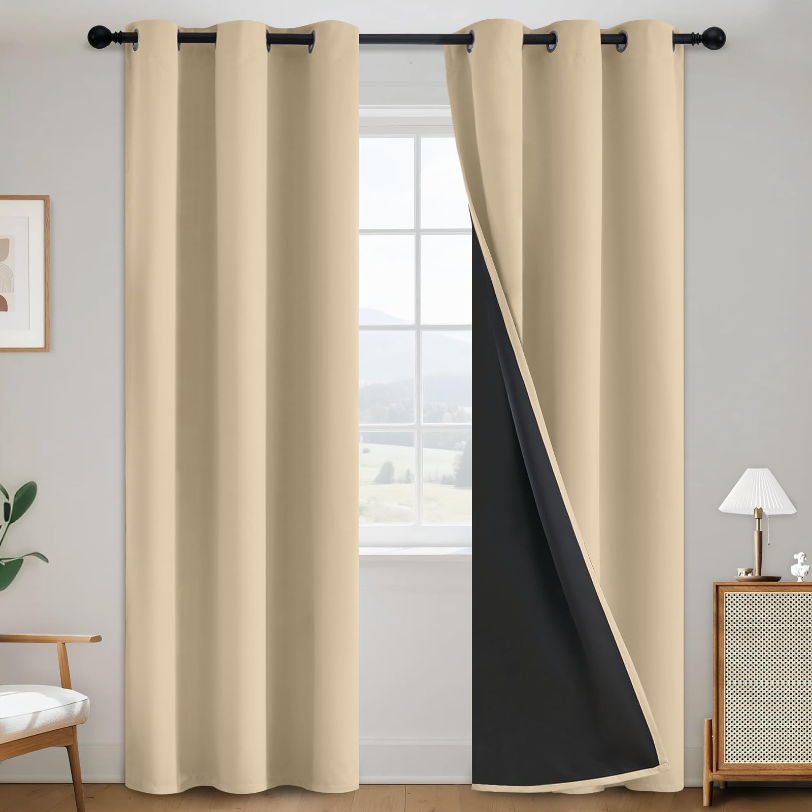 SimpleHome 100% Blackout Curtains for Bedroom,Thermal Insulated Grommet Window Drapes Room Darkening Cream Curtains for Living Room with Black Back,52 x 84 Inch,2 Panels