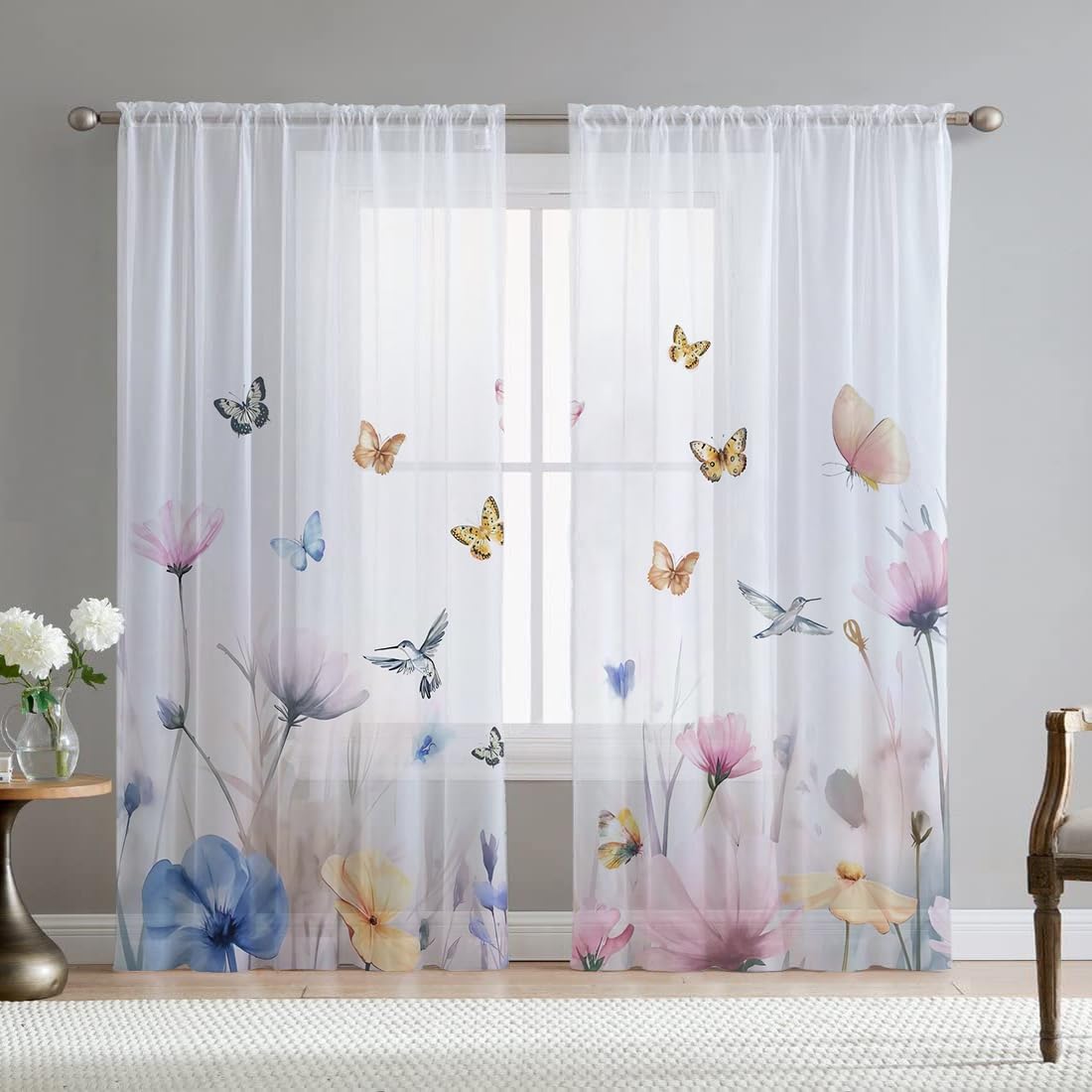 Green Eucalyptus Leaves Sheer Curtains for Living Room 84 inch Length 2 Panels Set Elegant Wild Flower Floral Spring Printed Window Curtain Natural Chiffon Drapes for Bedroom