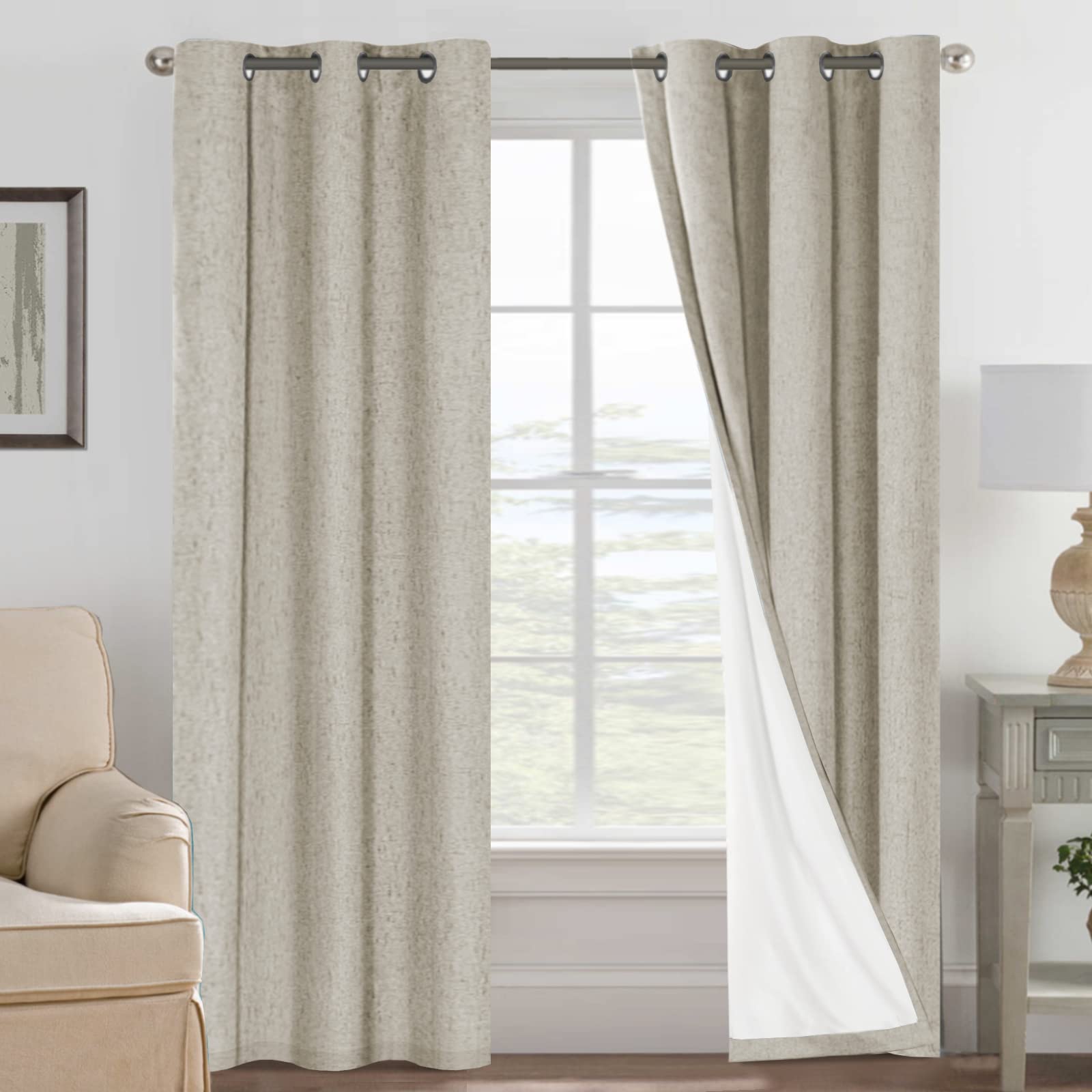 H.VERSAILTEX Linen 100% Blackout Curtains for Bedroom Full Light Blocking Curtains, Textured Window Curtain for Living Room 84 inch Grommet, Energy Efficient Curtains White Liner(2 Panels, Natural)