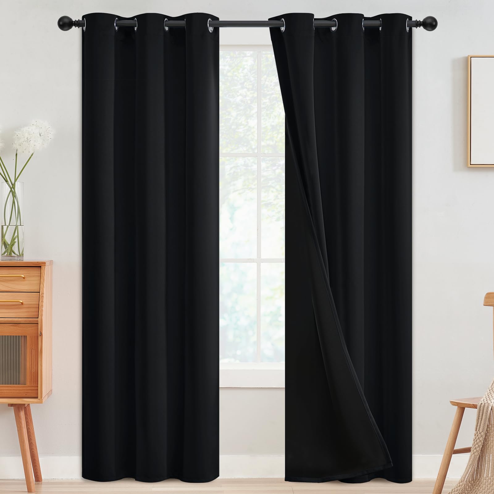 SimpleHome 100% Blackout Curtains for Bedroom,Thermal Insulated Grommet Window Drapes Room Darkening Cream Curtains for Living Room with Black Back,52 x 84 Inch,2 Panels