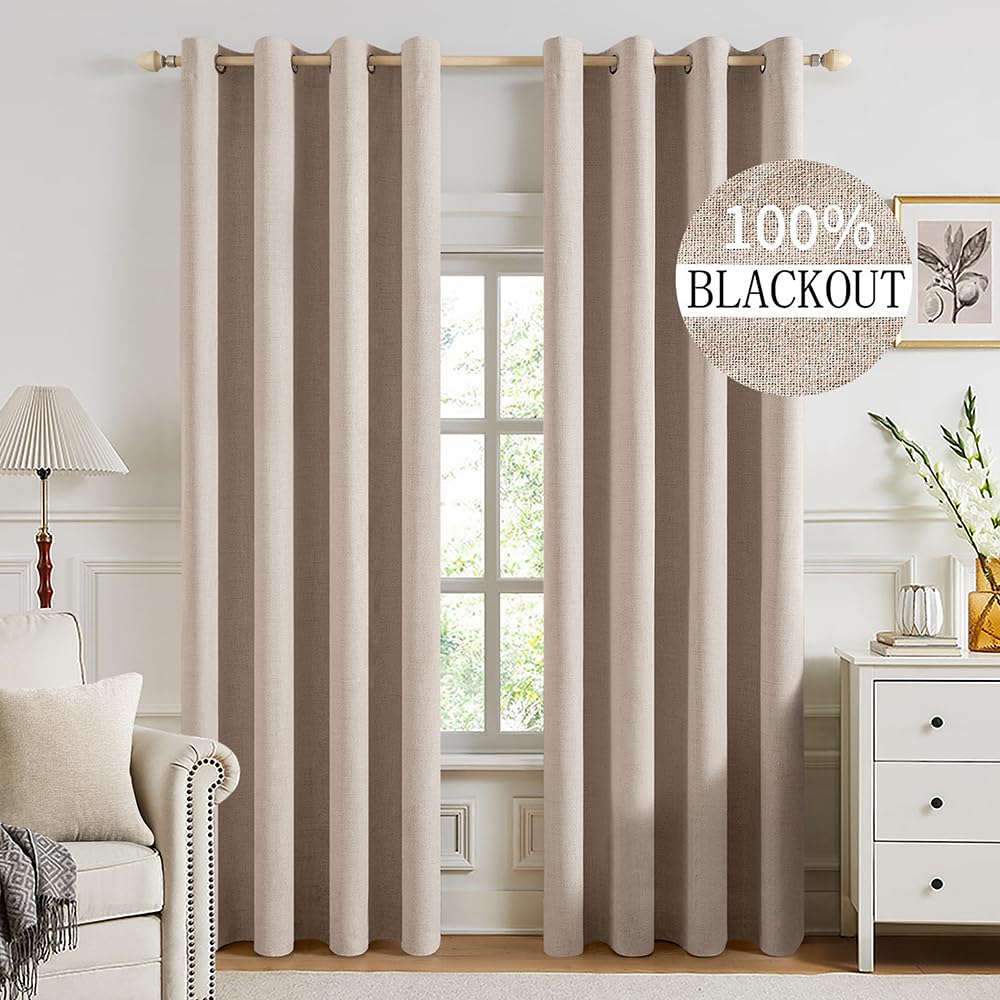 MIULEE 90 Inches Linen Textured Curtains for Bedroom 100% Blackout Thermal Insulated Natural Beige Grommet Room Darkening Curtains & Drapes Luxury Decor for Living Room Nursery 52 x 90 Inch (2 Panels)