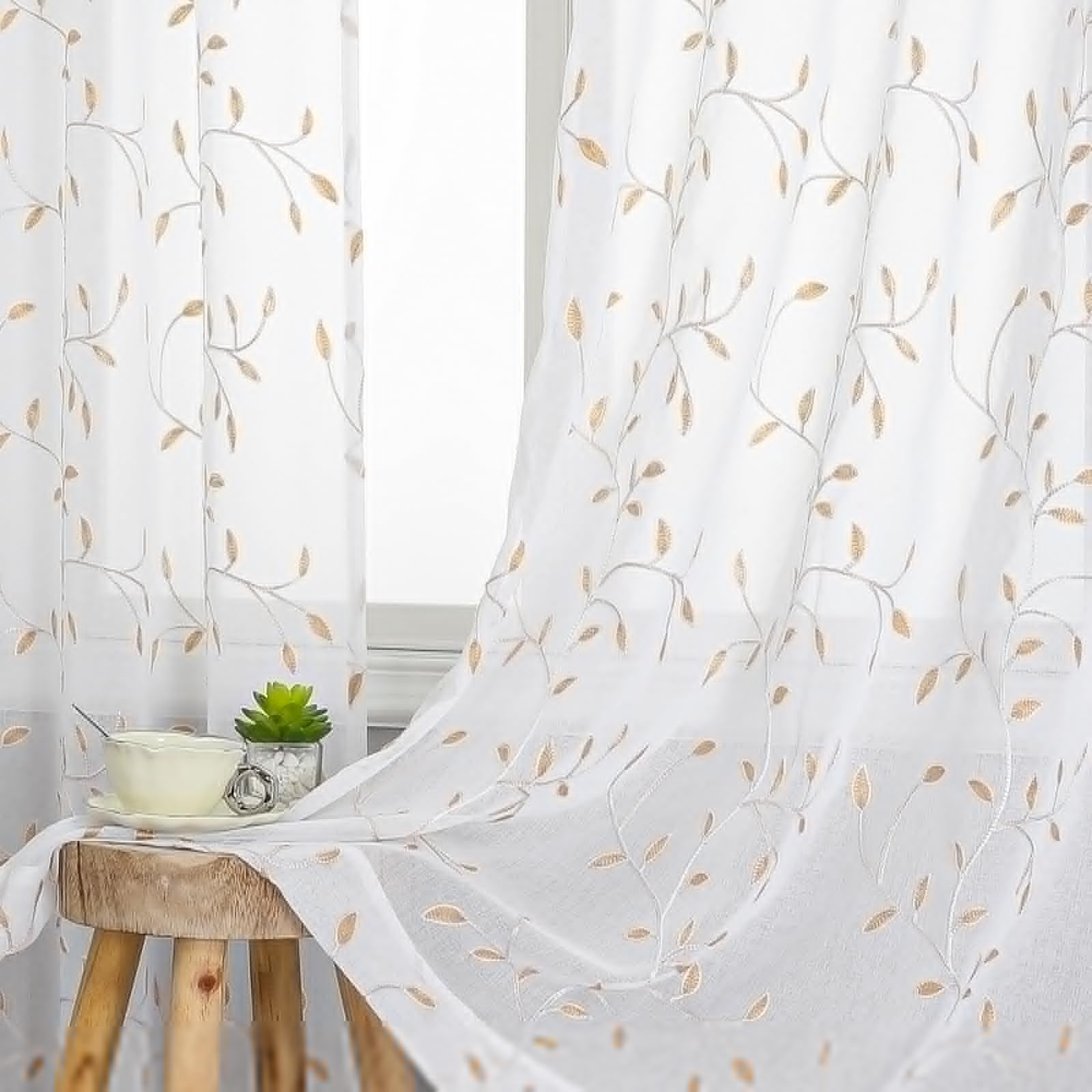 VISIONTEX Sheer Curtains 84 Inches Long 2 Panels Set Cream Beige Embroidered Floral Leaf Pattern Rod Pocket Semi Sheer Voile Window Curtains/Drapes for Bedroom Living Room 54 x 84 Inches