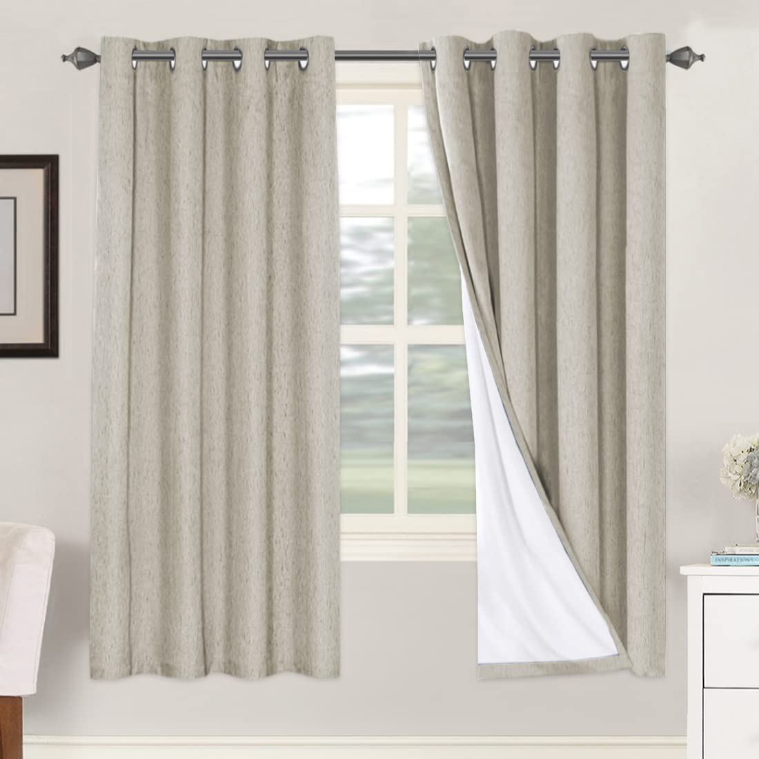 H.VERSAILTEX Linen 100% Blackout Curtains for Bedroom Full Light Blocking Curtains, Textured Window Curtain for Living Room 84 inch Grommet, Energy Efficient Curtains White Liner(2 Panels, Natural)