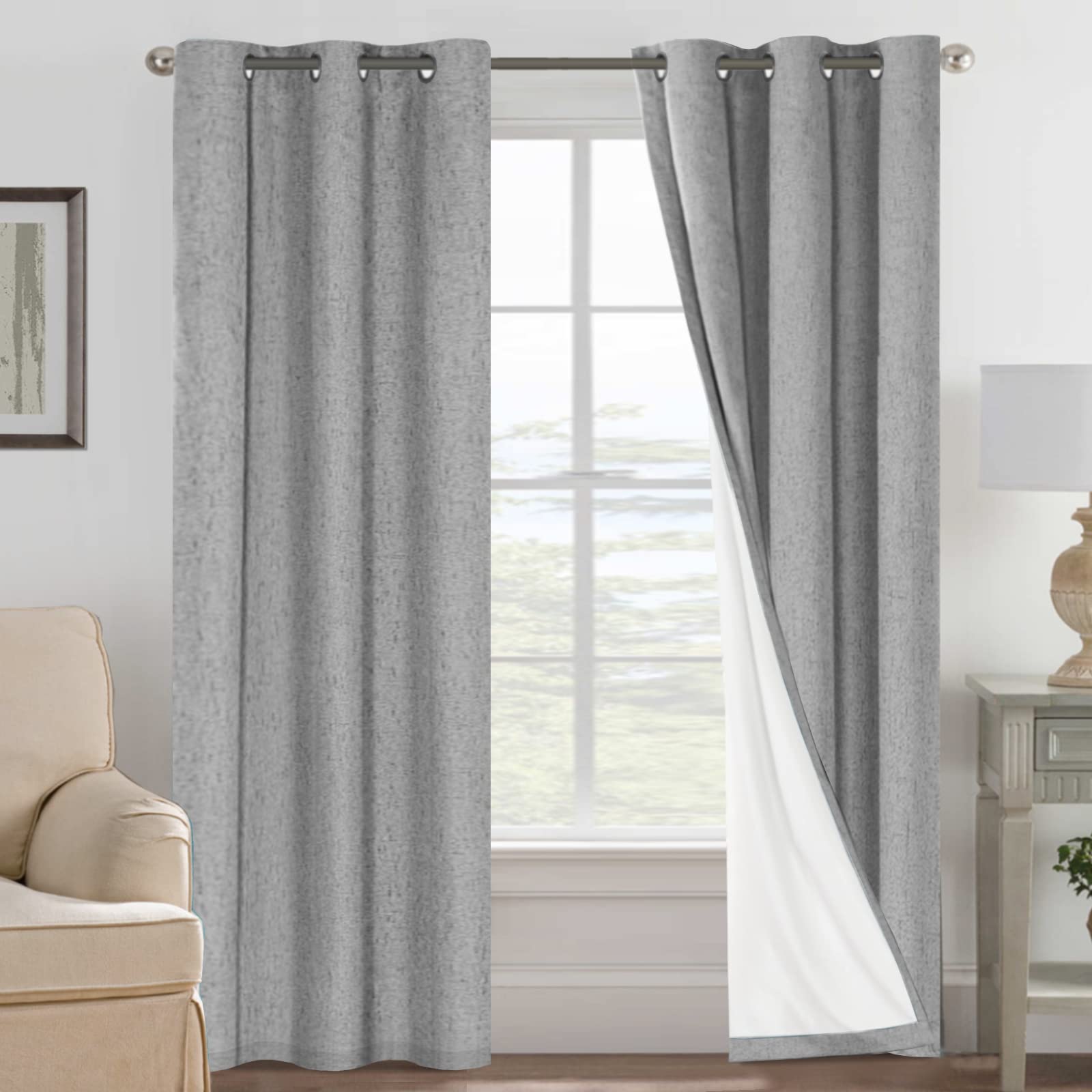 H.VERSAILTEX Linen 100% Blackout Curtains for Bedroom Full Light Blocking Curtains, Textured Window Curtain for Living Room 84 inch Grommet, Energy Efficient Curtains White Liner(2 Panels, Natural)