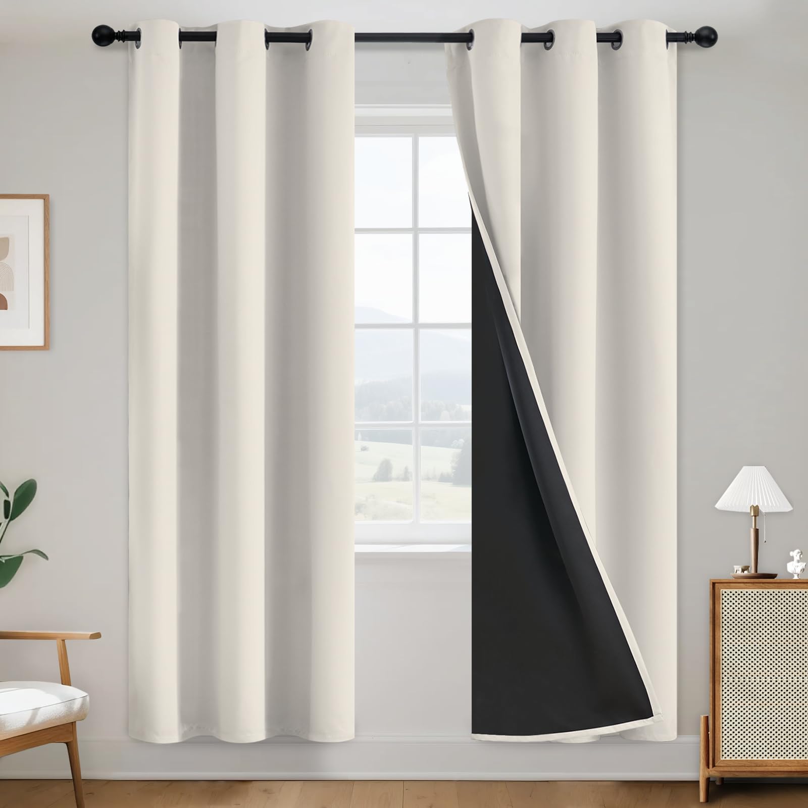 SimpleHome 100% Blackout Curtains for Bedroom,Thermal Insulated Grommet Window Drapes Room Darkening Cream Curtains for Living Room with Black Back,52 x 84 Inch,2 Panels