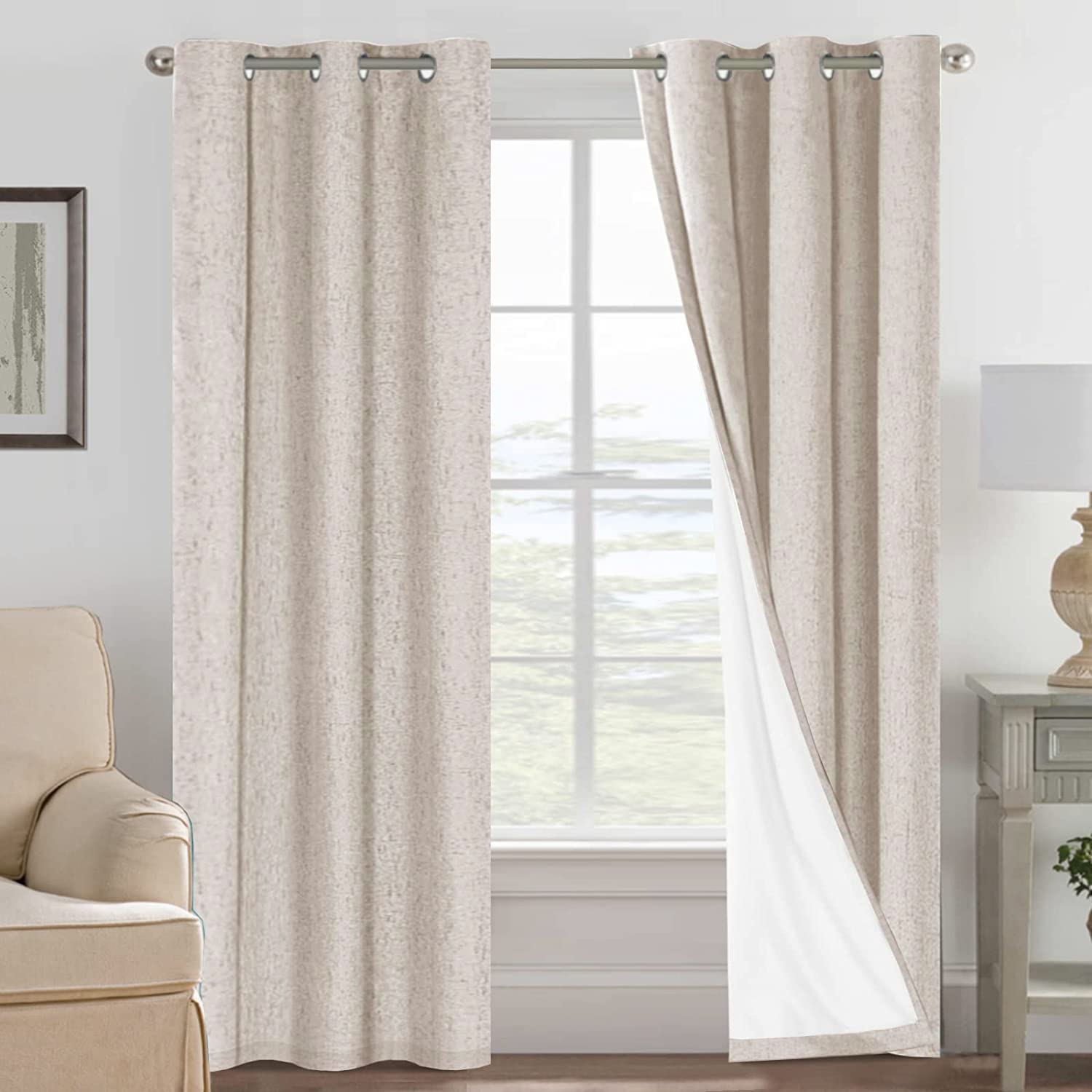 H.VERSAILTEX Linen 100% Blackout Curtains for Bedroom Full Light Blocking Curtains, Textured Window Curtain for Living Room 84 inch Grommet, Energy Efficient Curtains White Liner(2 Panels, Natural)