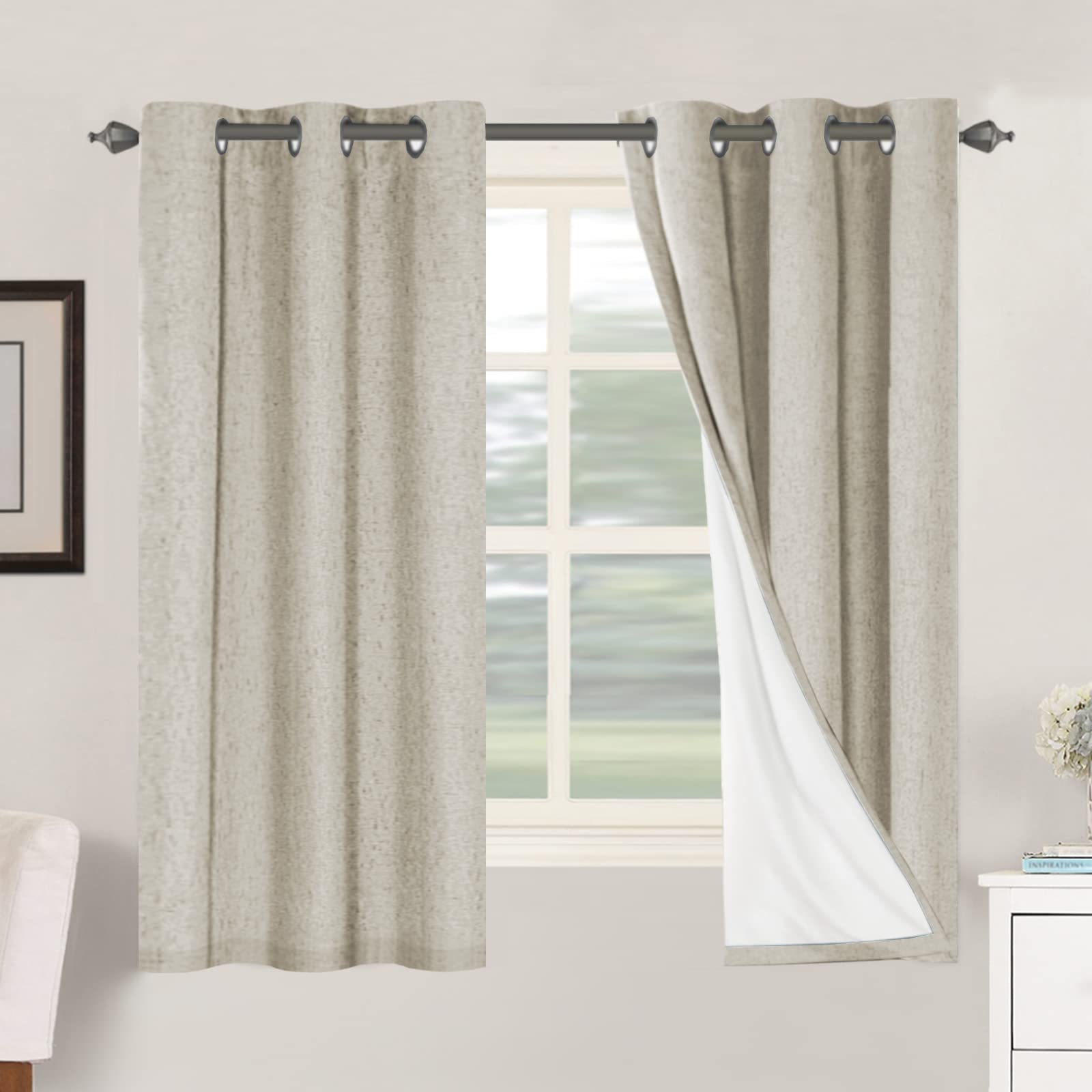 H.VERSAILTEX Linen 100% Blackout Curtains for Bedroom Full Light Blocking Curtains, Textured Window Curtain for Living Room 84 inch Grommet, Energy Efficient Curtains White Liner(2 Panels, Natural)
