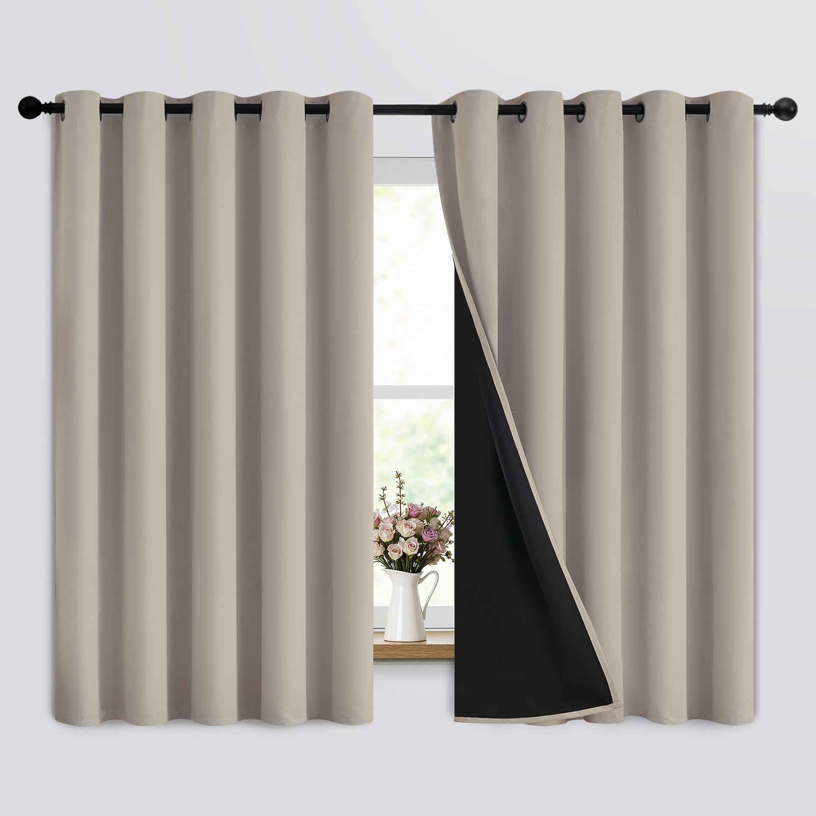 SimpleHome 100% Blackout Curtains for Bedroom,Thermal Insulated Grommet Window Drapes Room Darkening Cream Curtains for Living Room with Black Back,52 x 84 Inch,2 Panels
