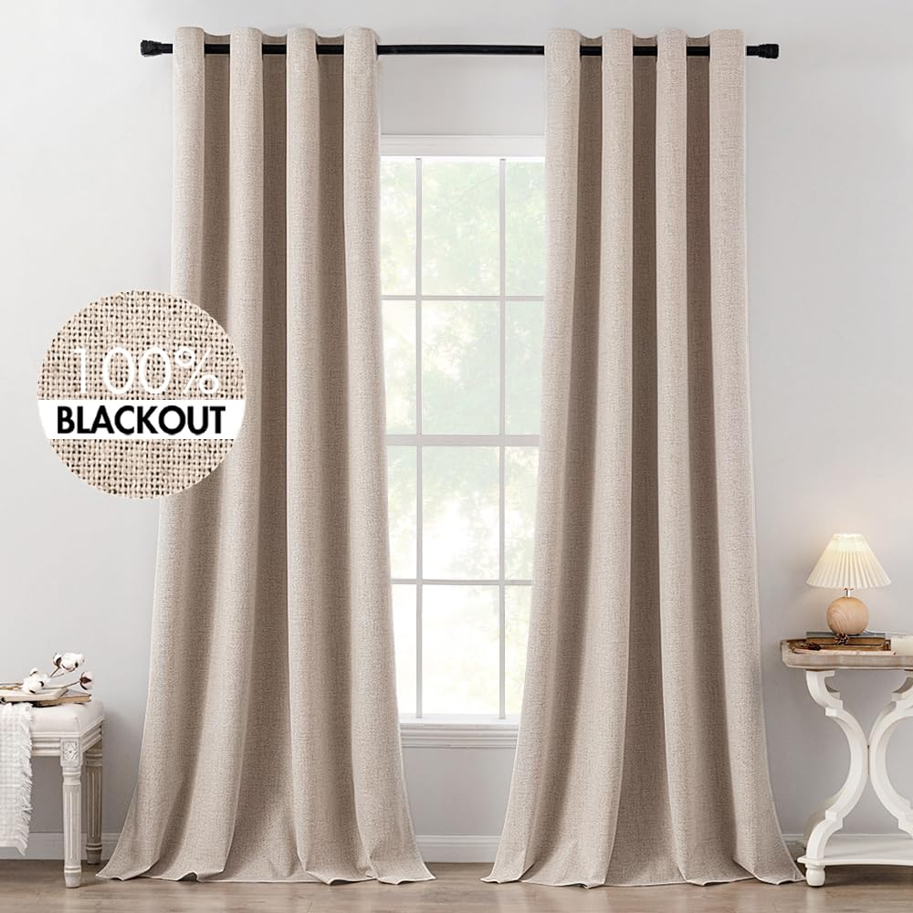 MIULEE 90 Inches Linen Textured Curtains for Bedroom 100% Blackout Thermal Insulated Natural Beige Grommet Room Darkening Curtains & Drapes Luxury Decor for Living Room Nursery 52 x 90 Inch (2 Panels)