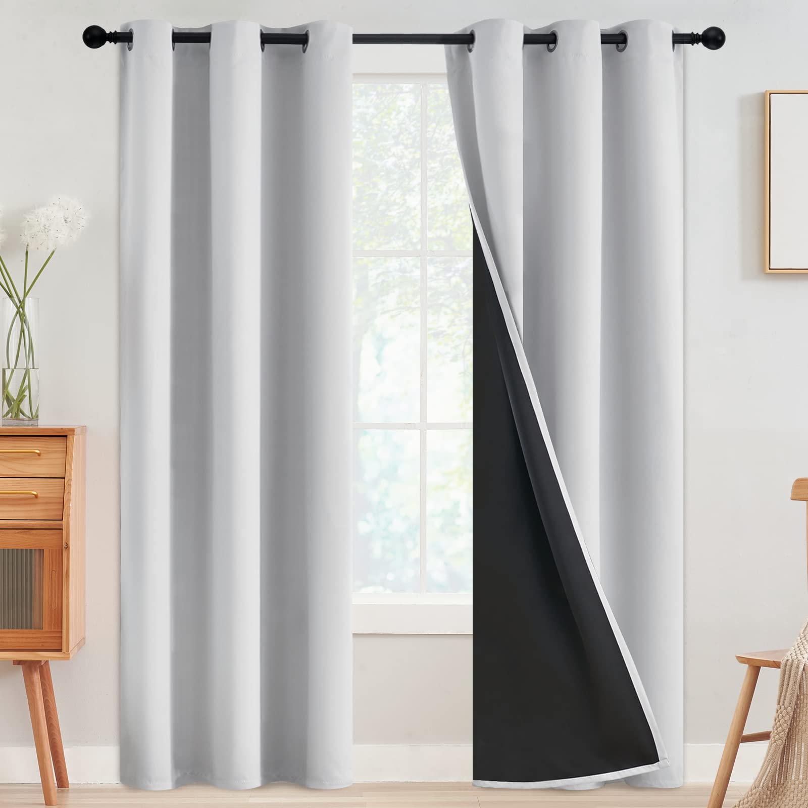 SimpleHome 100% Blackout Curtains for Bedroom,Thermal Insulated Grommet Window Drapes Room Darkening Cream Curtains for Living Room with Black Back,52 x 84 Inch,2 Panels
