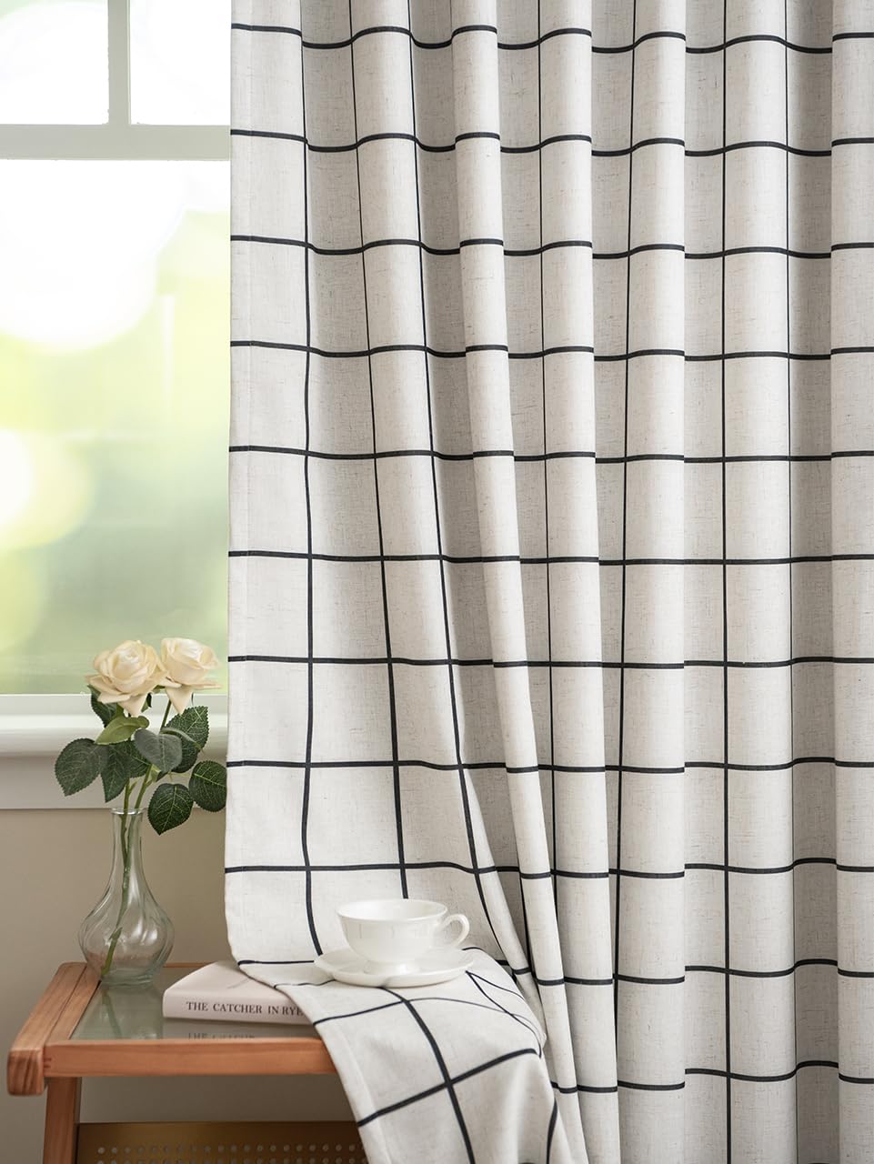 THREE GIRLS Pinch Pleated Plaid Curtains Blackout Linen Gingham Curtains for Living Room,Bedroom Checkered Patterned Insulated 84 Inches Long Double Layer 2 Panels Set Printed Design Darkening