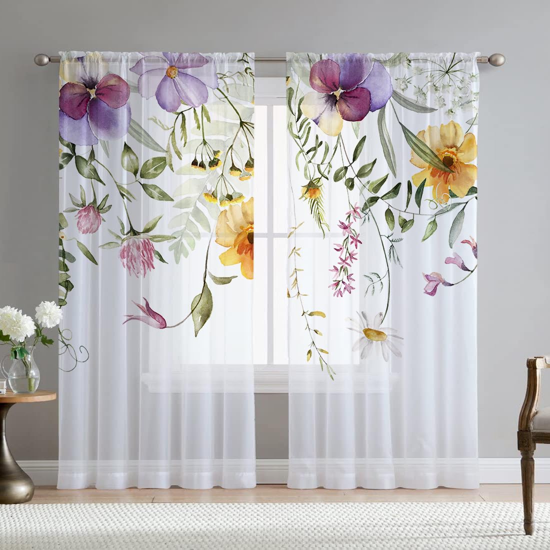 Green Eucalyptus Leaves Sheer Curtains for Living Room 84 inch Length 2 Panels Set Elegant Wild Flower Floral Spring Printed Window Curtain Natural Chiffon Drapes for Bedroom