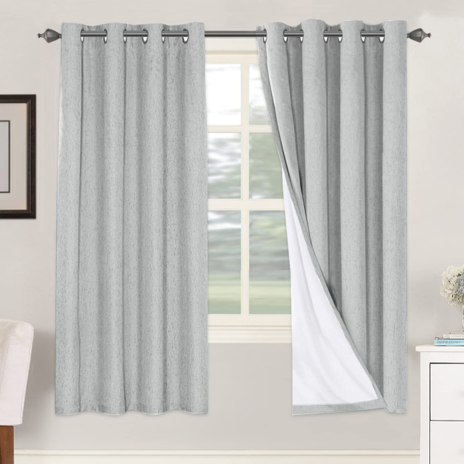 H.VERSAILTEX Linen 100% Blackout Curtains for Bedroom Full Light Blocking Curtains, Textured Window Curtain for Living Room 84 inch Grommet, Energy Efficient Curtains White Liner(2 Panels, Natural)