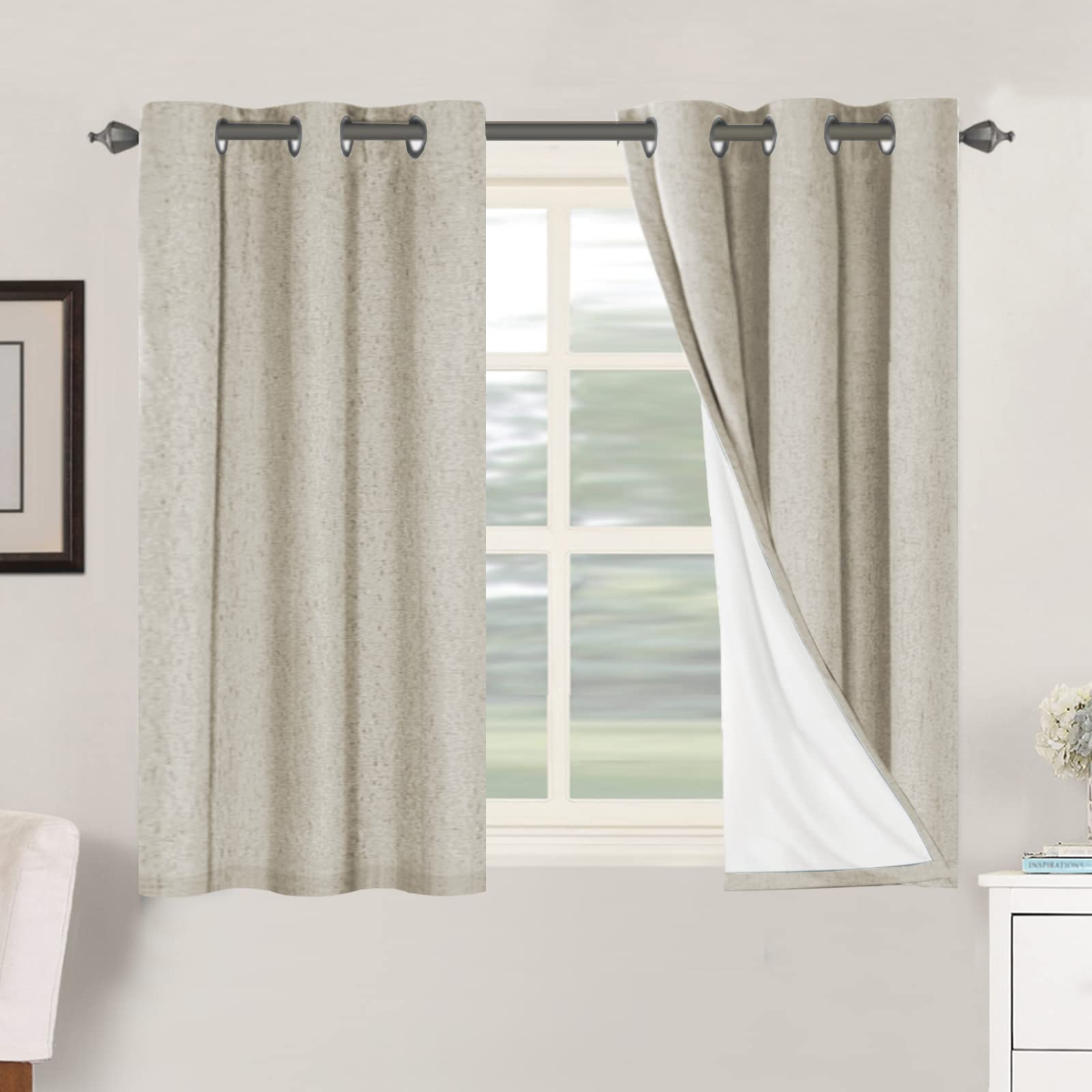 H.VERSAILTEX Linen 100% Blackout Curtains for Bedroom Full Light Blocking Curtains, Textured Window Curtain for Living Room 84 inch Grommet, Energy Efficient Curtains White Liner(2 Panels, Natural)