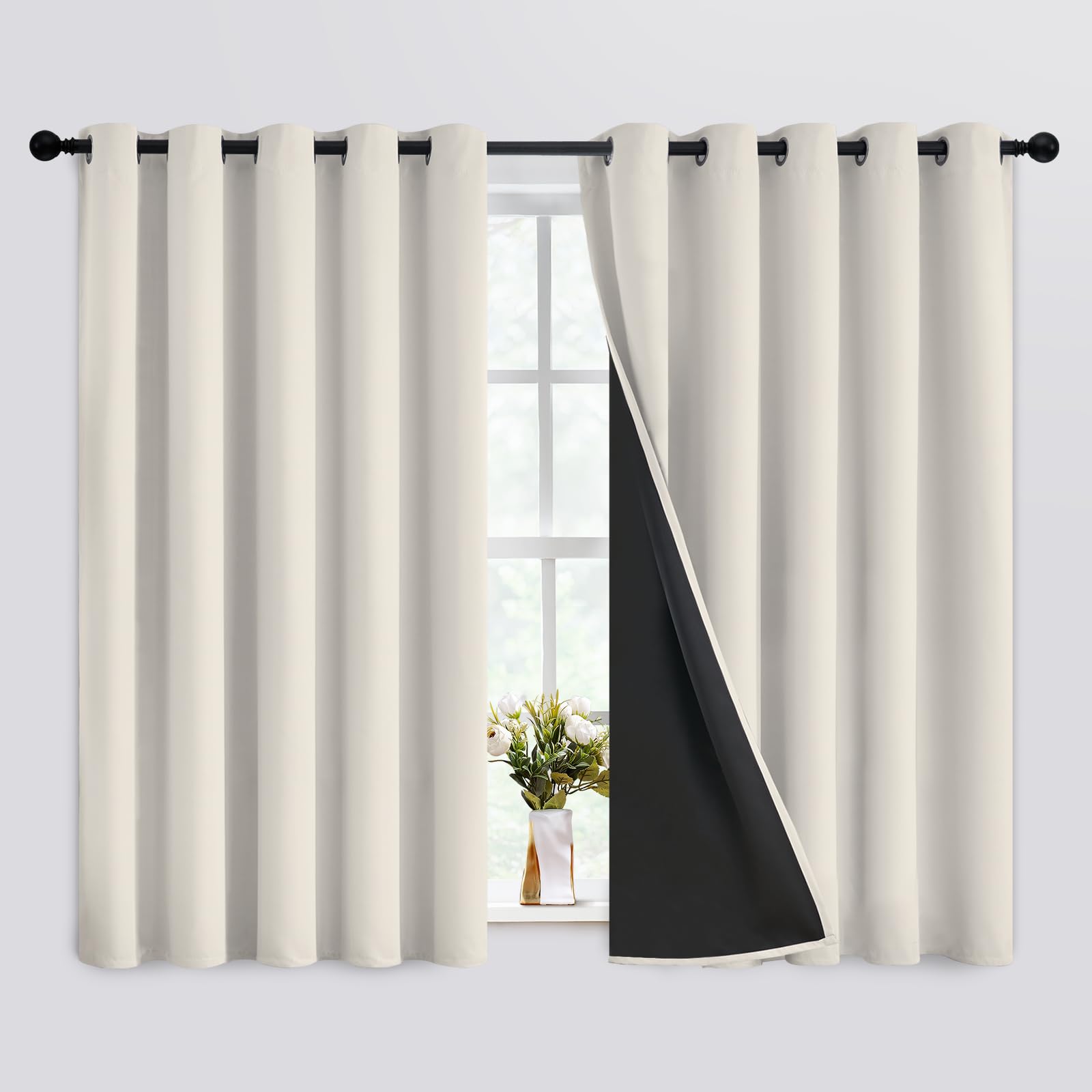 SimpleHome 100% Blackout Curtains for Bedroom,Thermal Insulated Grommet Window Drapes Room Darkening Cream Curtains for Living Room with Black Back,52 x 84 Inch,2 Panels