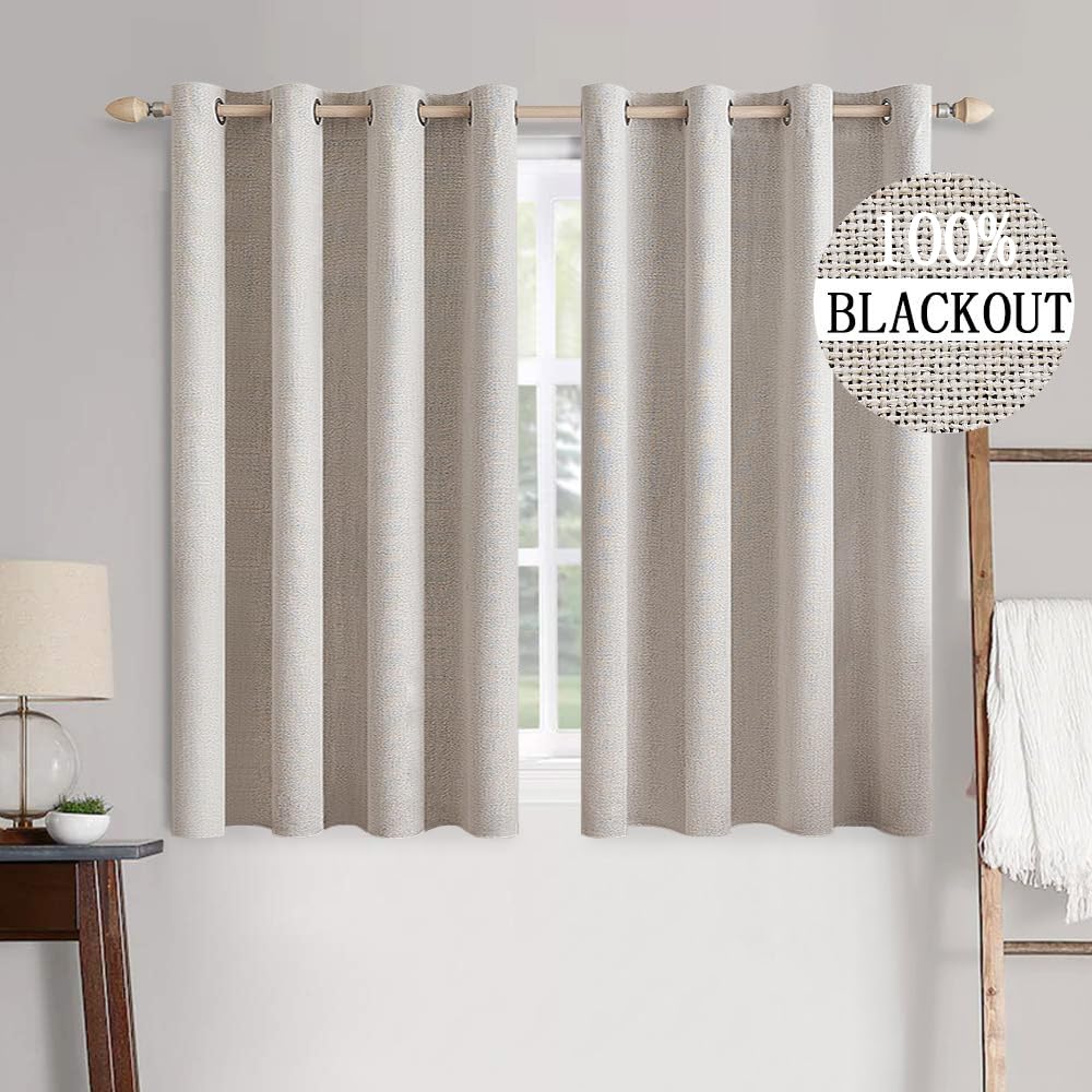 MIULEE 90 Inches Linen Textured Curtains for Bedroom 100% Blackout Thermal Insulated Natural Beige Grommet Room Darkening Curtains & Drapes Luxury Decor for Living Room Nursery 52 x 90 Inch (2 Panels)