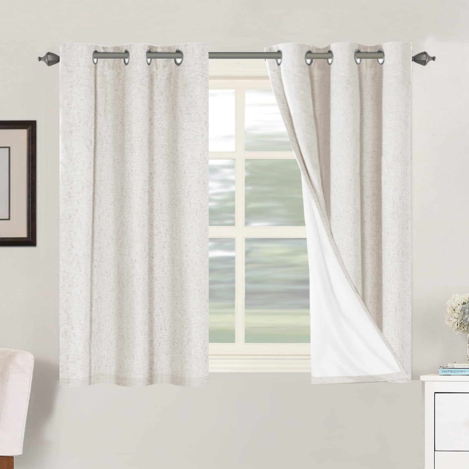 H.VERSAILTEX Linen 100% Blackout Curtains for Bedroom Full Light Blocking Curtains, Textured Window Curtain for Living Room 84 inch Grommet, Energy Efficient Curtains White Liner(2 Panels, Natural)