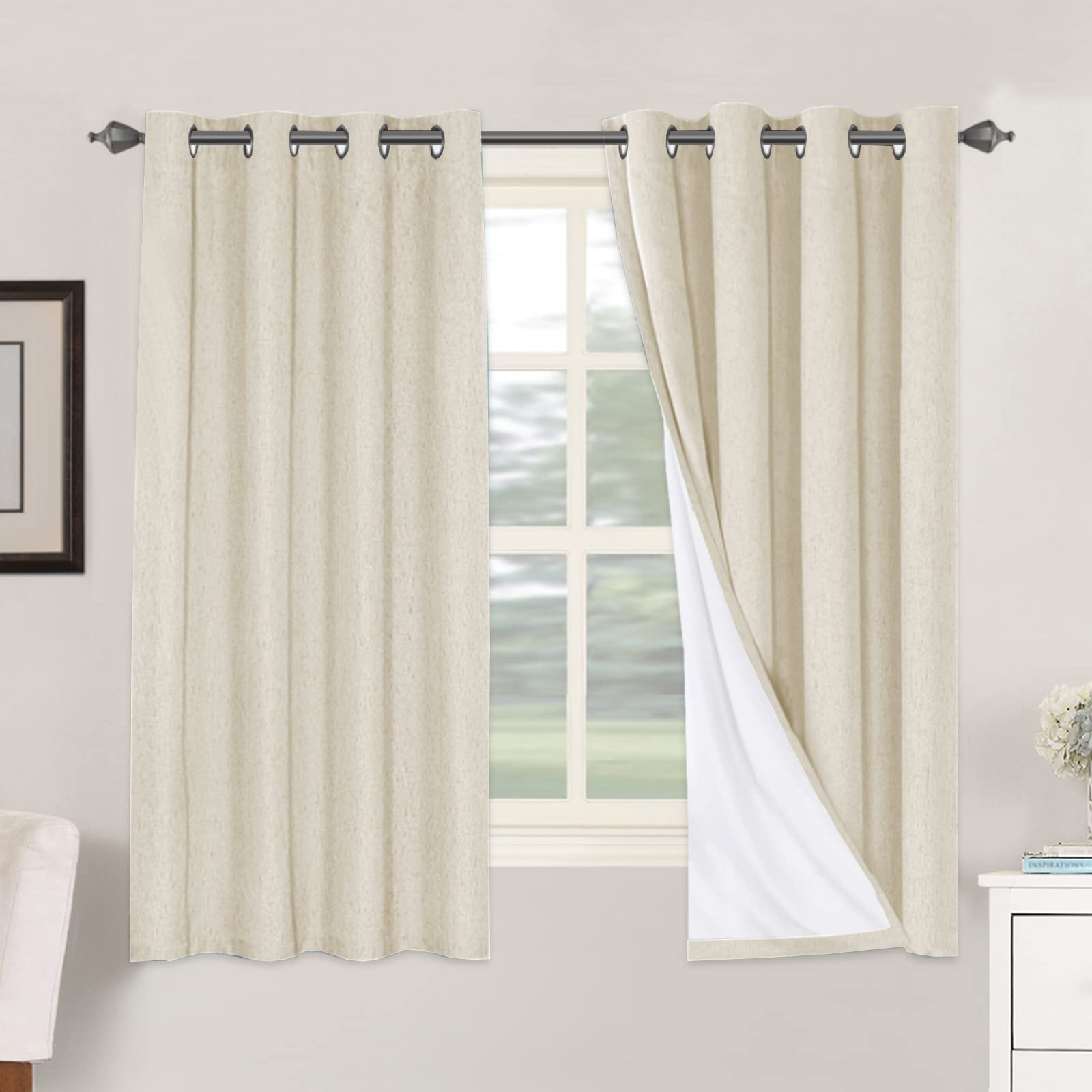 H.VERSAILTEX Linen 100% Blackout Curtains for Bedroom Full Light Blocking Curtains, Textured Window Curtain for Living Room 84 inch Grommet, Energy Efficient Curtains White Liner(2 Panels, Natural)