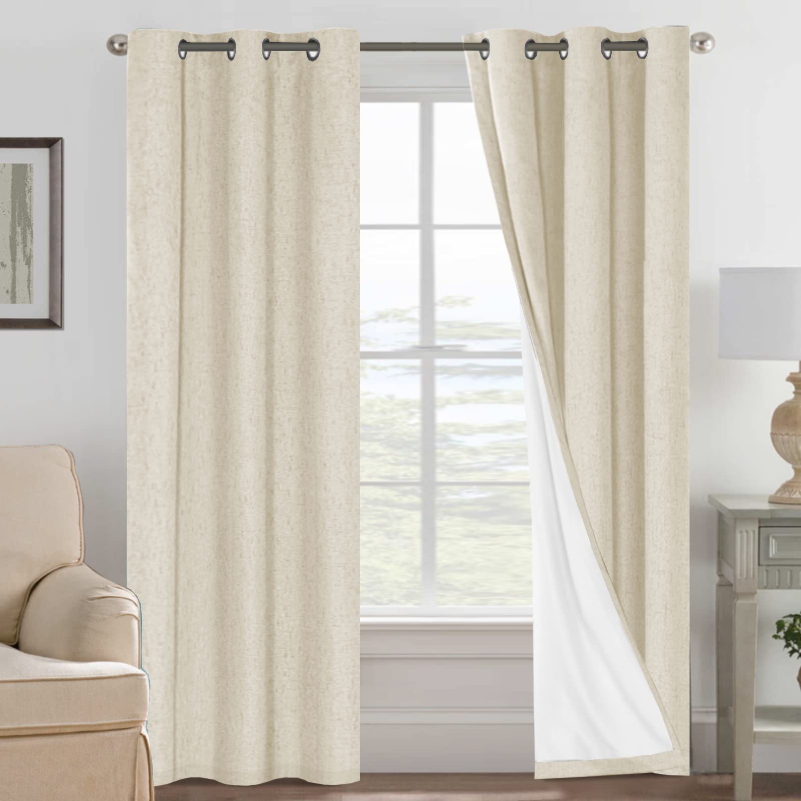 H.VERSAILTEX Linen 100% Blackout Curtains for Bedroom Full Light Blocking Curtains, Textured Window Curtain for Living Room 84 inch Grommet, Energy Efficient Curtains White Liner(2 Panels, Natural)