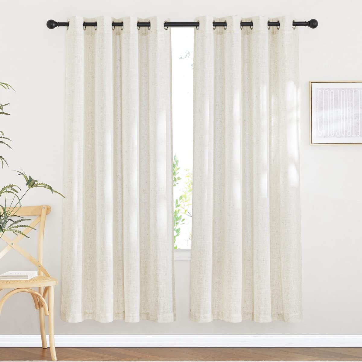 NICETOWN Semi Sheer Beige Curtains 84 inches Long, Grommet Retro Linen Curtains Window Treatments Vertical Drapes Privacy with Light Filter for Living Room, W52 x L84, 2 Panels