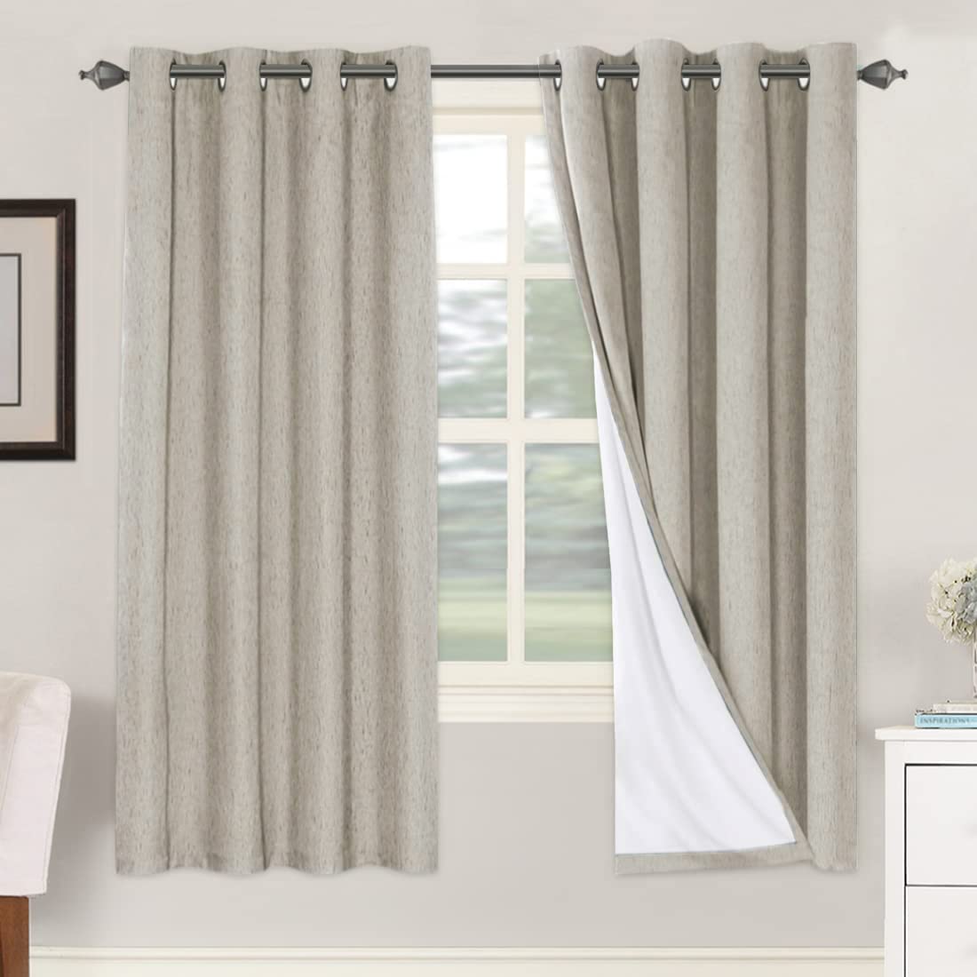 H.VERSAILTEX Linen 100% Blackout Curtains for Bedroom Full Light Blocking Curtains, Textured Window Curtain for Living Room 84 inch Grommet, Energy Efficient Curtains White Liner(2 Panels, Natural)