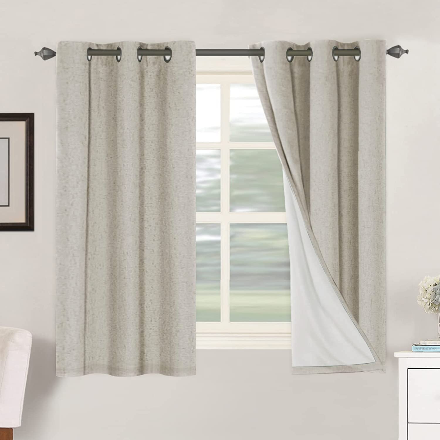 H.VERSAILTEX Linen 100% Blackout Curtains for Bedroom Full Light Blocking Curtains, Textured Window Curtain for Living Room 84 inch Grommet, Energy Efficient Curtains White Liner(2 Panels, Natural)