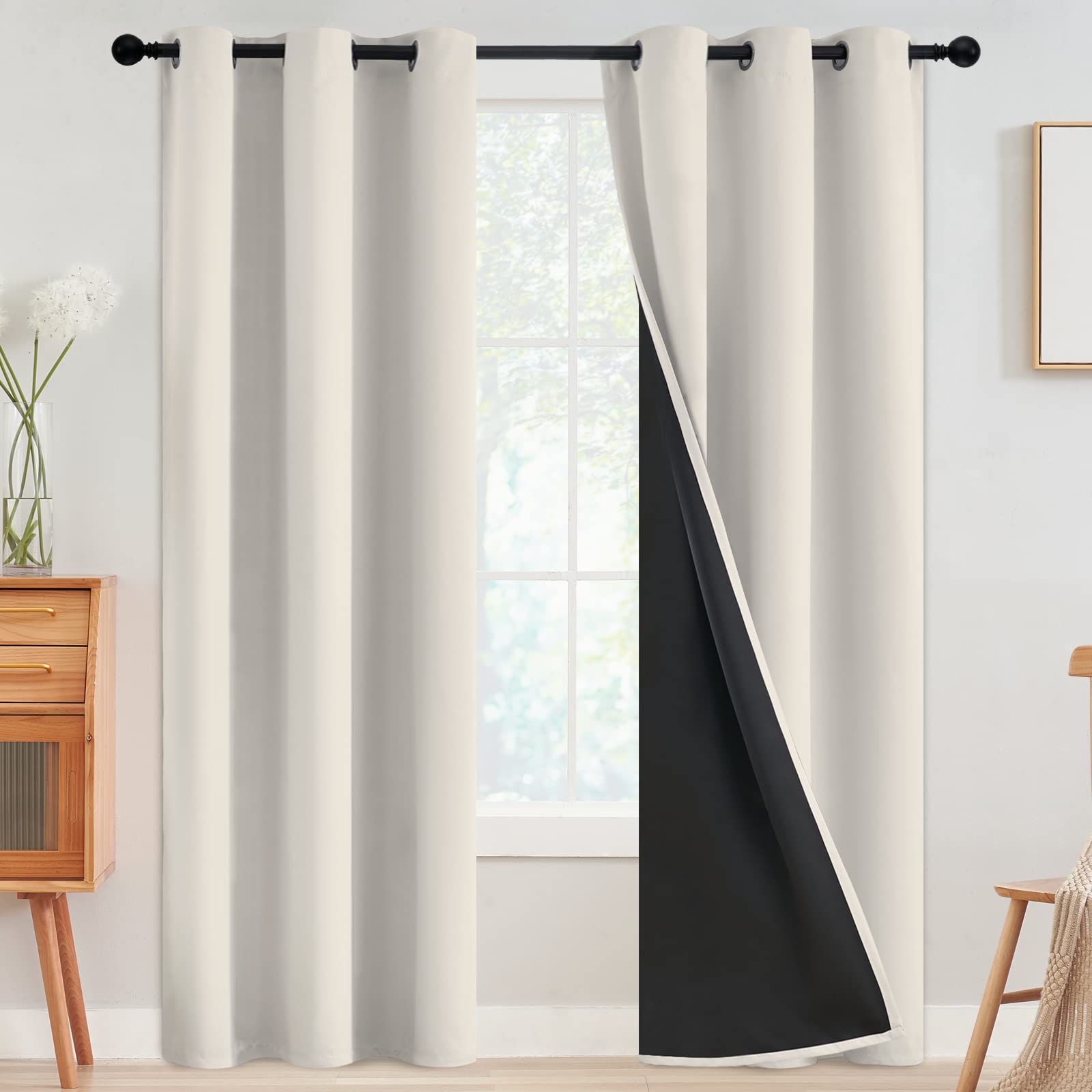 SimpleHome 100% Blackout Curtains for Bedroom,Thermal Insulated Grommet Window Drapes Room Darkening Cream Curtains for Living Room with Black Back,52 x 84 Inch,2 Panels