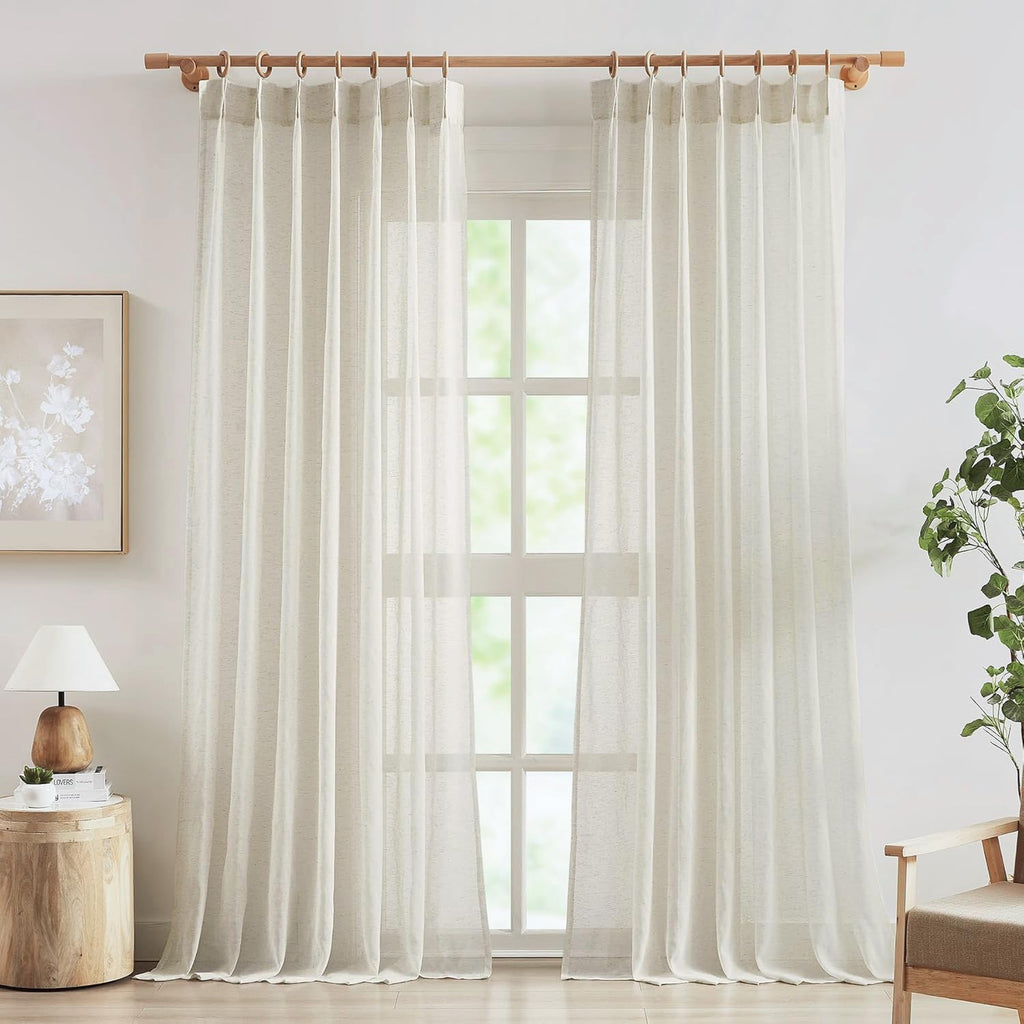FMFUNCTEX Linen Sheer Curtains for Bedroom, Beige Curtains 84 inches Long for Living Room, Natural Flax Blend Window Draperies for Farmhouse Curtain, Rod Pocket 2 Panels