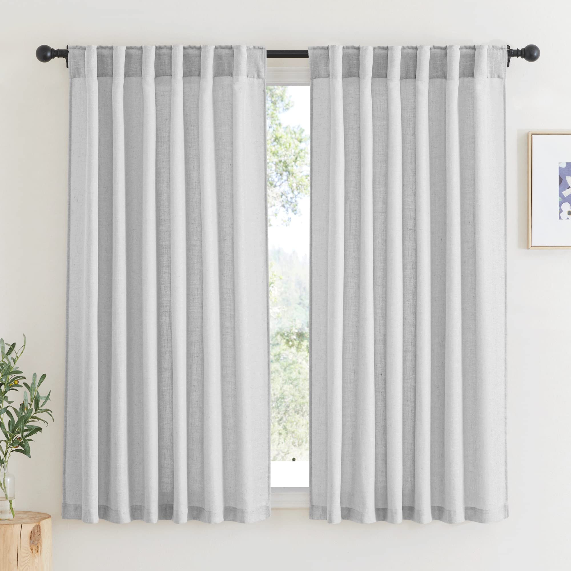 RYB HOME White Sheer Curtains Linen Texture Window Panels, Semi Sheer Light Filetring Rod Pocket & Back Tab Drapes for Bedroom, 52 x 84 inches, Pack of 2
