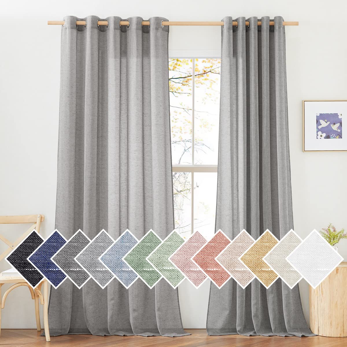 NICETOWN Semi Sheer Beige Curtains 84 inches Long, Grommet Retro Linen Curtains Window Treatments Vertical Drapes Privacy with Light Filter for Living Room, W52 x L84, 2 Panels