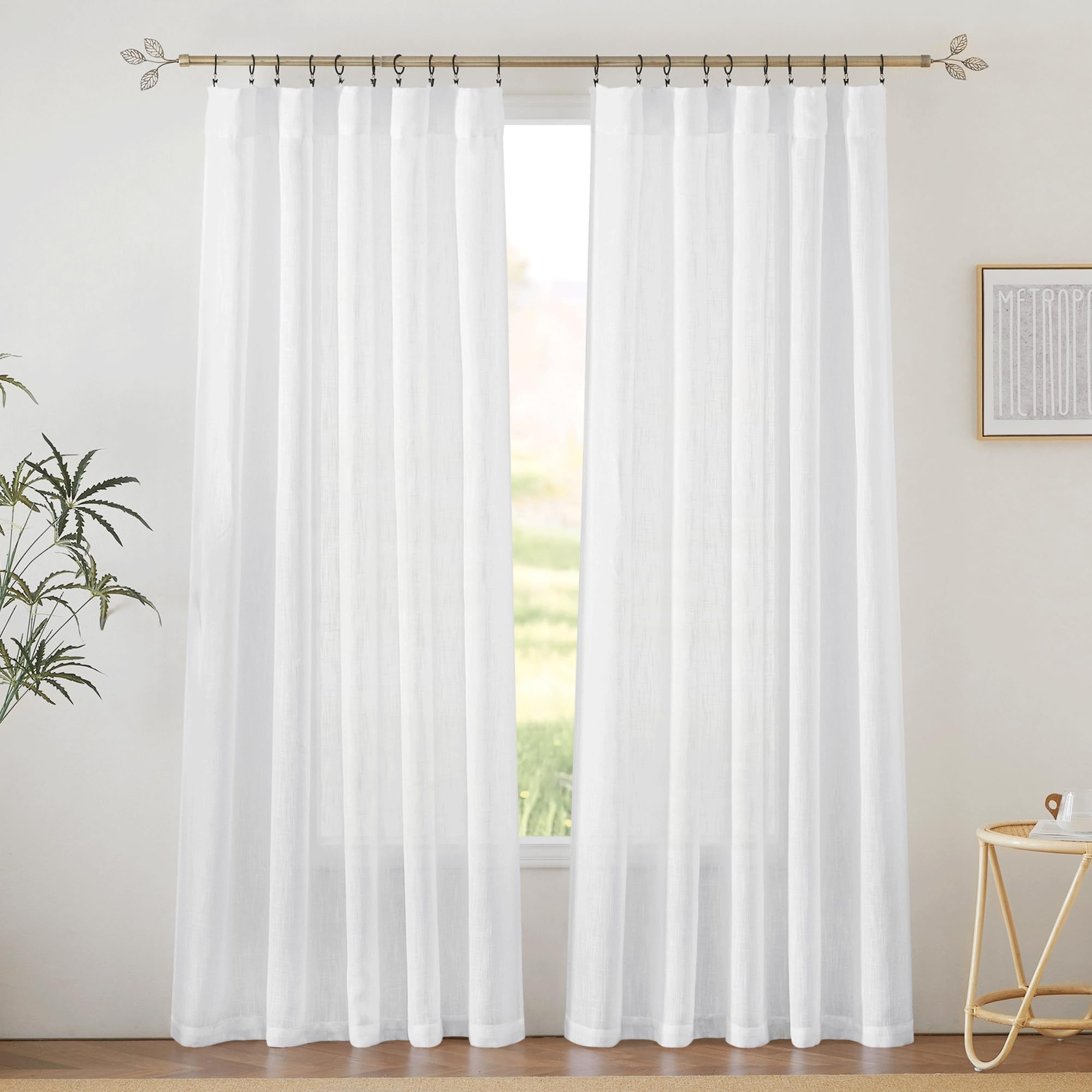 RYB HOME White Sheer Curtains Linen Texture Window Panels, Semi Sheer Light Filetring Rod Pocket & Back Tab Drapes for Bedroom, 52 x 84 inches, Pack of 2