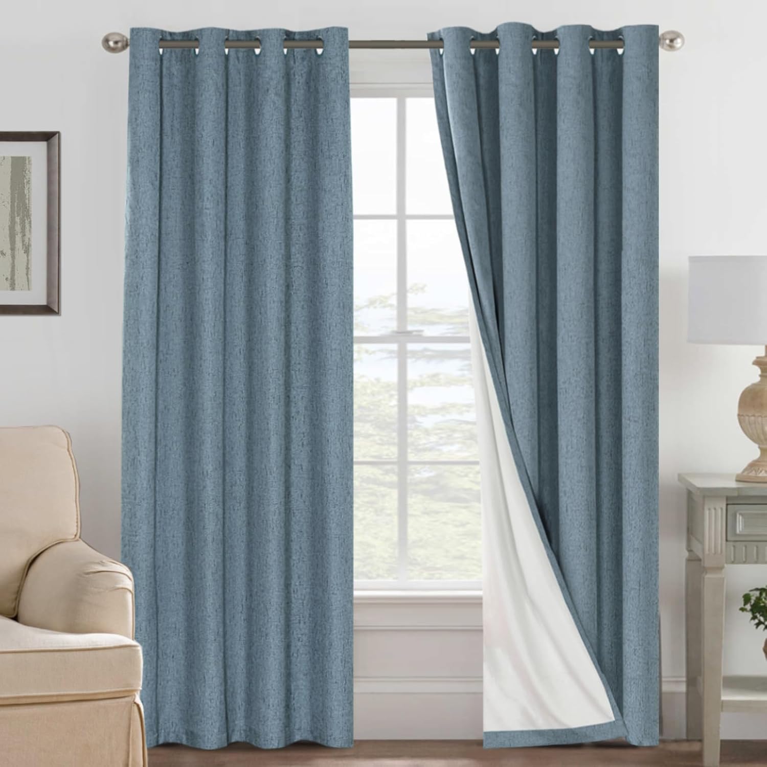 H.VERSAILTEX Linen 100% Blackout Curtains for Bedroom Full Light Blocking Curtains, Textured Window Curtain for Living Room 84 inch Grommet, Energy Efficient Curtains White Liner(2 Panels, Natural)