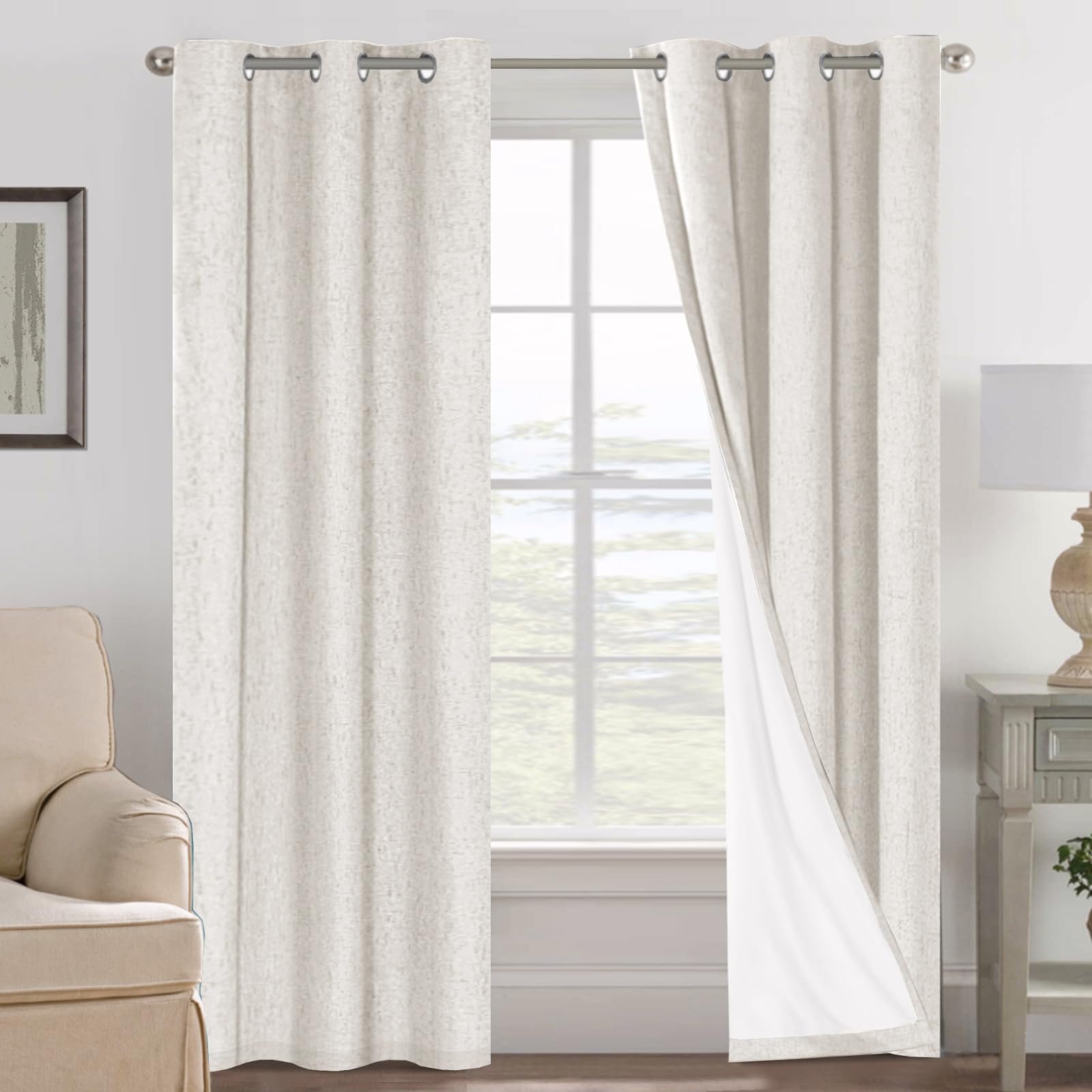 H.VERSAILTEX Linen 100% Blackout Curtains for Bedroom Full Light Blocking Curtains, Textured Window Curtain for Living Room 84 inch Grommet, Energy Efficient Curtains White Liner(2 Panels, Natural)